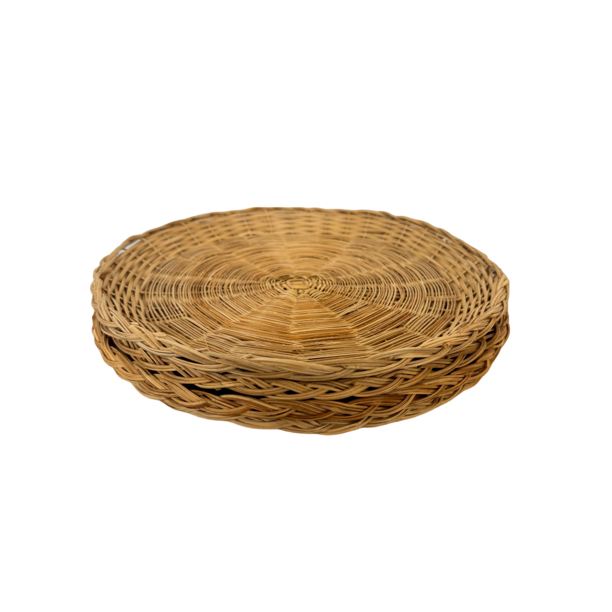 Displayed on a plain black background, a set of 4 Vintage Woven Plate Holders by Shoppe Maison showcases their round, tight, intricate pattern of natural fibers reminiscent of unique vintage homewares.