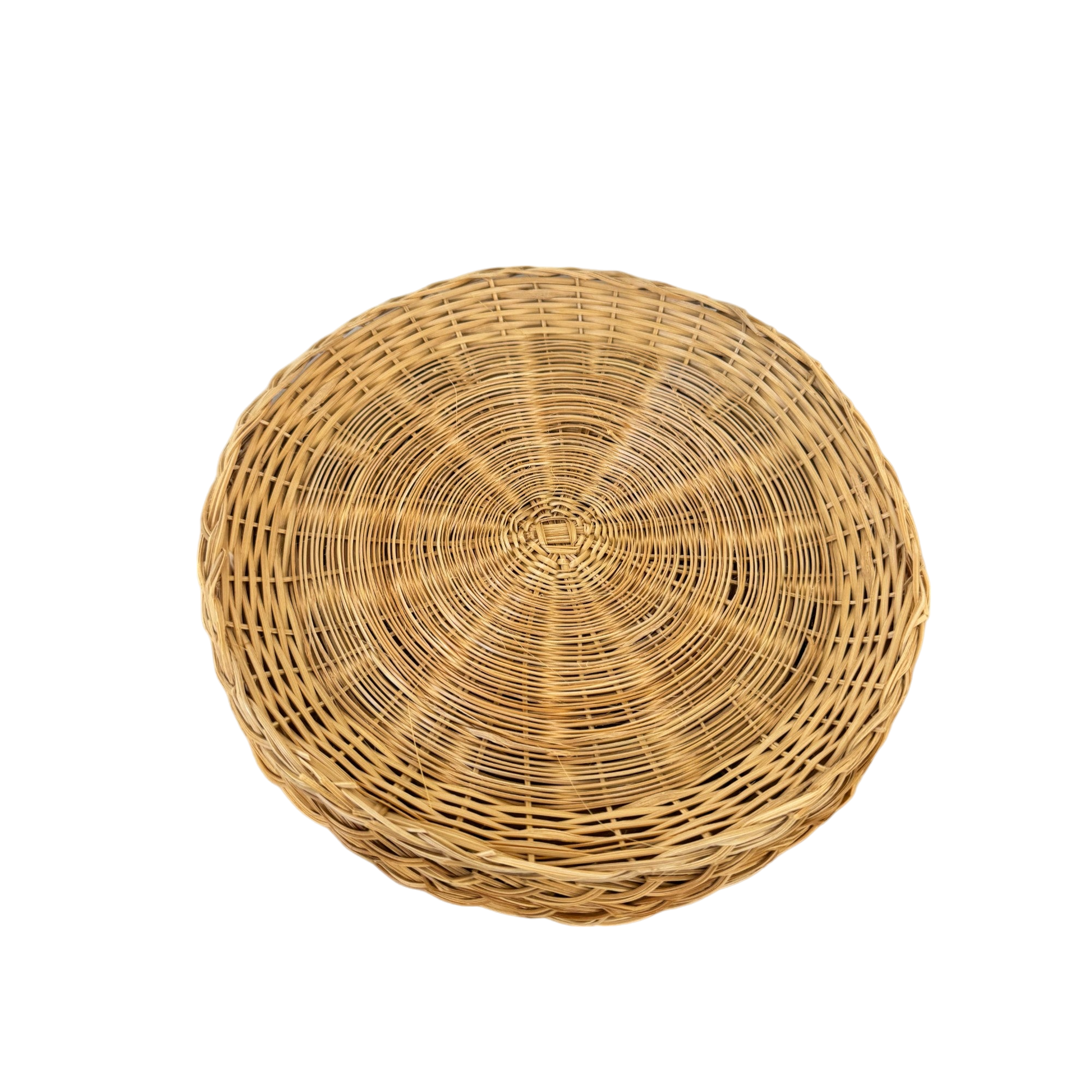 A set of 4 round, woven wicker plate holders with flat bottoms and slightly raised edges from Shoppe Maison. These vintage homewares, featuring a natural light brown color and intricate weaving pattern, create a rustic appearance, perfect for adding unique charm to any home setting. Displayed against a solid black background.