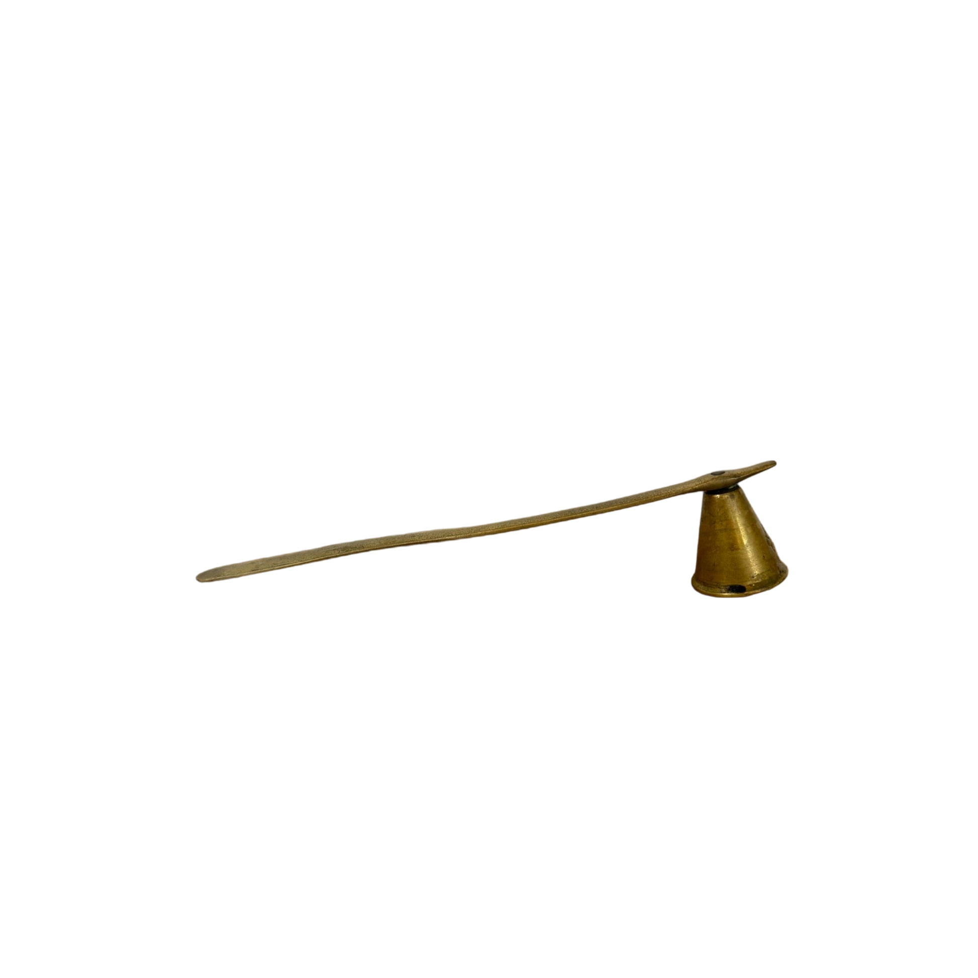 Introducing the Brass Candle Snuffer by Shoppe Maison: This vintage piece features a long, slightly tapered handle leading to a conical-shaped bell at the end. The open-bottomed bell efficiently extinguishes candle flames.