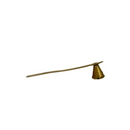 Introducing the Brass Candle Snuffer by Shoppe Maison: This vintage piece features a long, slightly tapered handle leading to a conical-shaped bell at the end. The open-bottomed bell efficiently extinguishes candle flames.