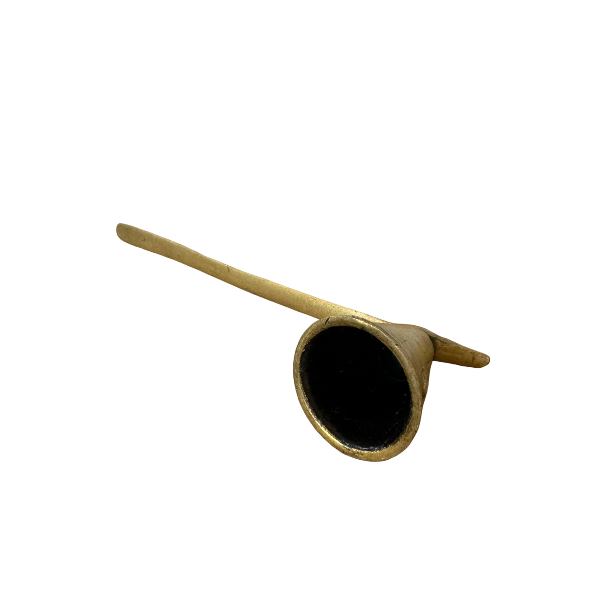 A classic Brass Candle Snuffer by Shoppe Maison, showcasing a sleek, tapered handle and an elegant yellow, funnel-like design with a narrow tube extending into a wider circular opening at one end. Set against a black background, the smooth texture highlights its darkened interior.