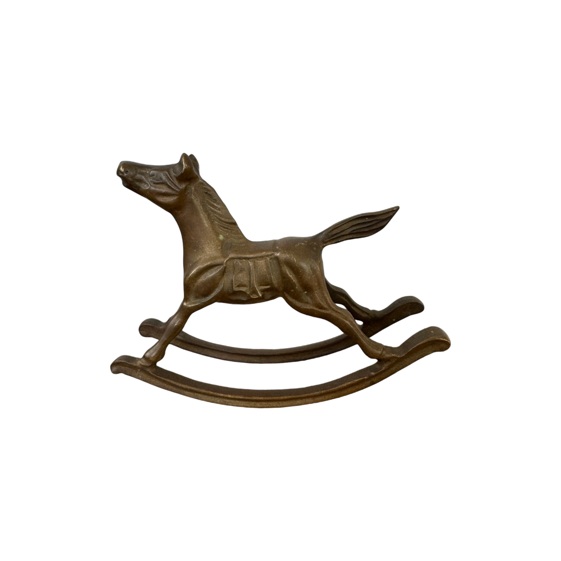 A bronze-colored mini Brass Rocking Horse sculpture from Shoppe Maison is pictured on a black background. The horse, depicted in mid-gallop with its front and hind legs extended, features a smoothly curved rocking base and boasts a vintage, classical design.