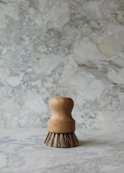 An item from the All-Brush Bundle by Murchison-Hume, featuring a compact handheld scrubbing brush with a short wooden handle and natural fiber bristles, rests on a light gray marble surface. The backdrop showcases a blurred, textured marble pattern.