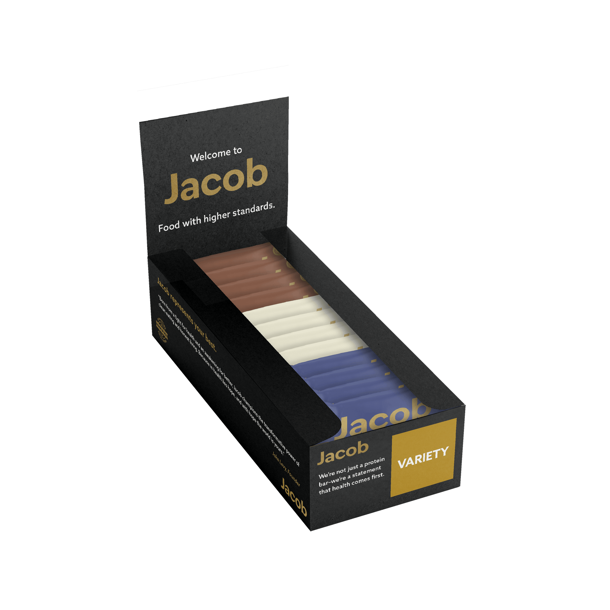 A black rectangular box featuring The Jacob Bar assortment, with each bar enveloped in variously colored packaging - brown, cream, white, and blue. The box is branded "Jacob Bar" and carries the tagline "Food with higher standards," emphasizing ingredients such as 100% Organic Cacao and marking "VARIETY" on the side.