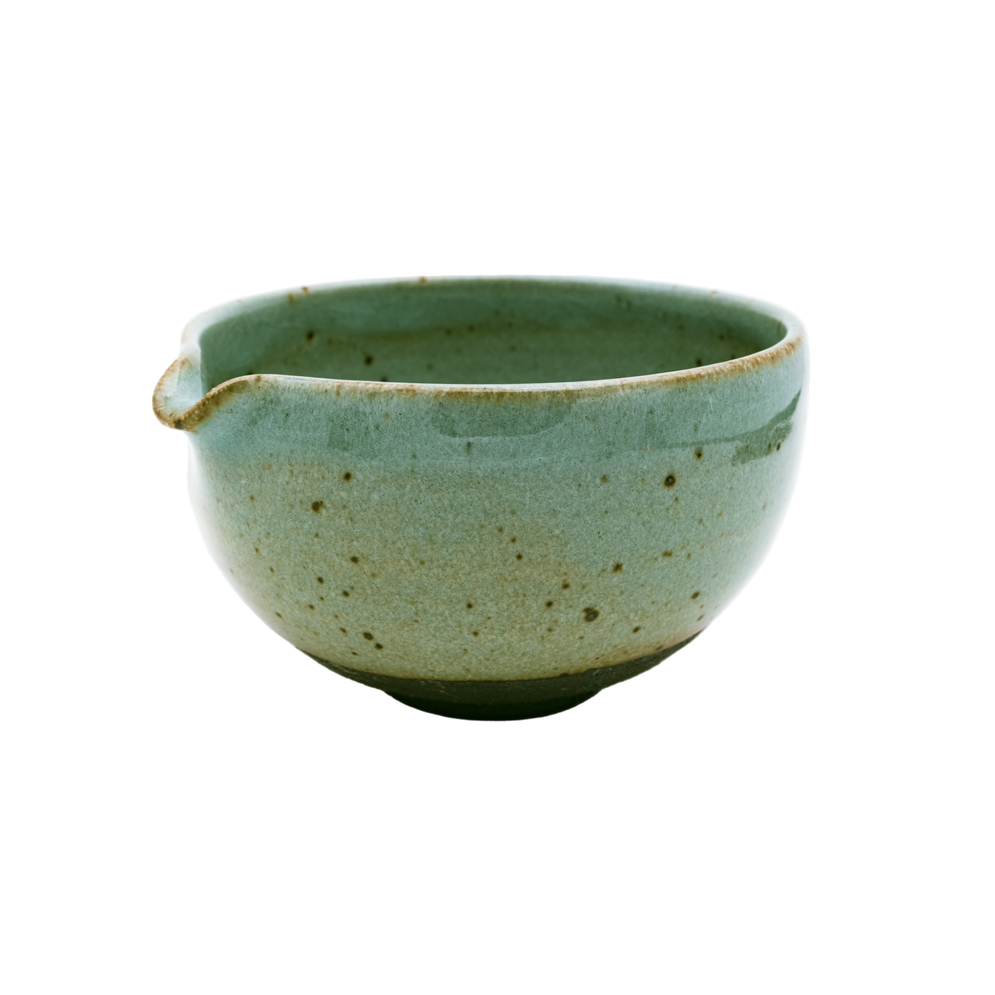 This small Katakuchi Matcha Tea Bowl from Chafinity Tea has a spout on one side and features a speckled ceramic texture. The surface showcases varying shades of green, with a darker base and a slightly uneven, handcrafted appearance. It's perfect for experiencing Japanese hospitality with Chafinity Tea.