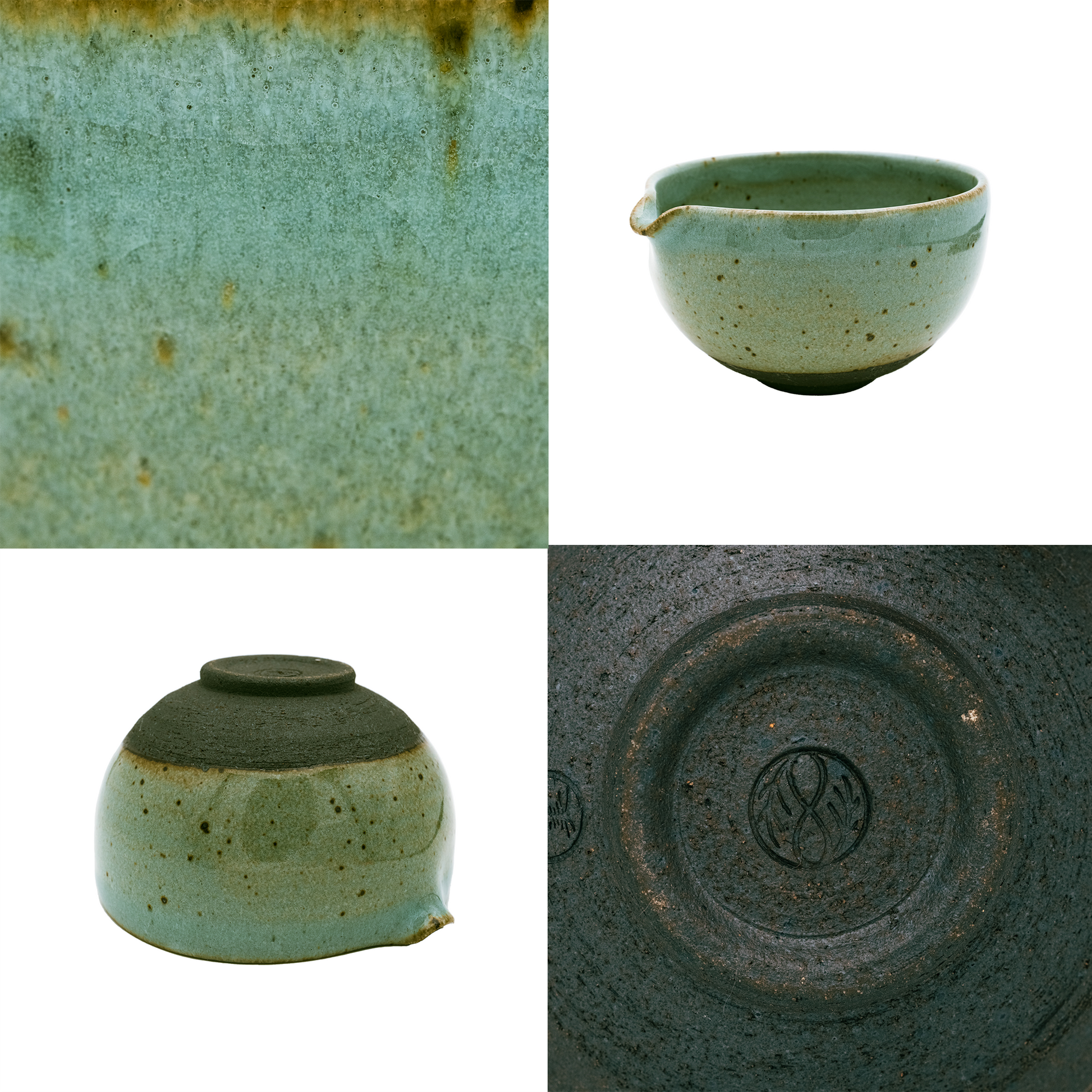 A Katakuchi Matcha Tea Bowl by Chafinity Tea displayed in a four-panel collage. The top-left shows a close-up of its greenish glaze. The top-right features the bowl's side profile with a small spout, ideal for Japanese hospitality. The bottom-left displays the bowl upside down. The bottom-right reveals its base with a maker's mark.