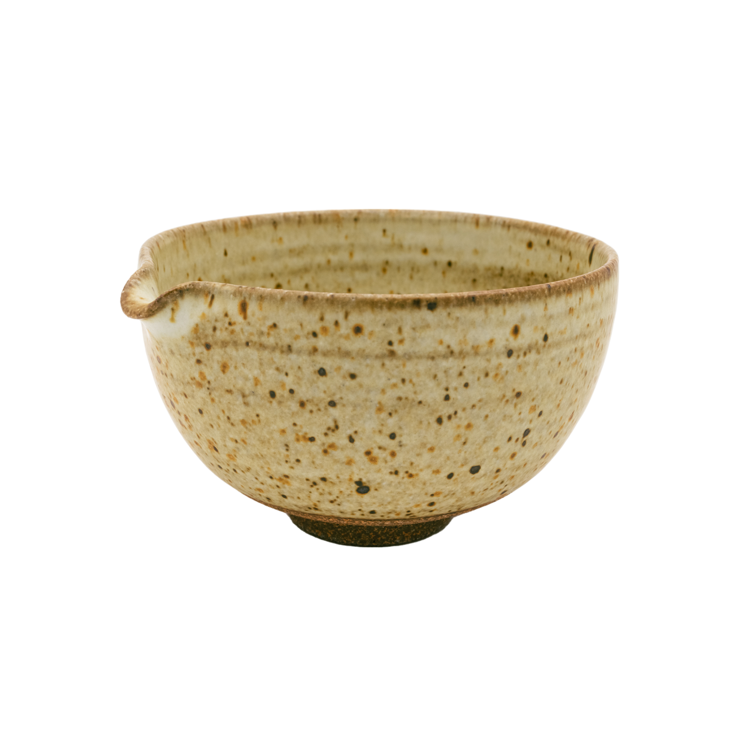 The Katakuchi Matcha Tea Bowl by Chafinity Tea is a beige ceramic piece featuring a small spout on one side, reminiscent of traditional Japanese bowl designs. Its speckled texture and slightly darker rim and interior pattern lend it a rustic charm. Set against a black background, this bowl embodies the essence of Japanese hospitality.