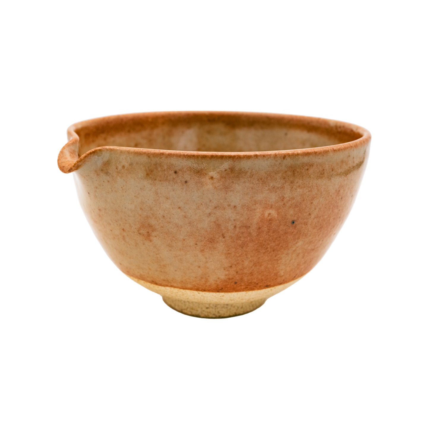 Discover the Katakuchi Matcha Tea Bowl by Chafinity Tea. This ceramic bowl, in earthy tones of brown and beige, features a rounded shape and a smooth, shiny glaze. Its small, subtle spout is ideal for easy pouring. Perfect for enhancing your Chafinity Tea moments against a plain black background.