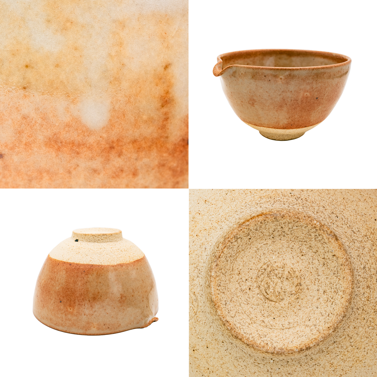 Four images of the Katakuchi Matcha Tea Bowl by Chafinity Tea, featuring a rustic, round ceramic design with a speckled, earthy glaze. The top left image displays a close-up of the glaze, while the top right image showcases the bowl from a side angle. The bottom left image captures it upside down, and the bottom right image highlights the bowl's base, reminiscent of traditional Katakuchi Matcha Bowls.