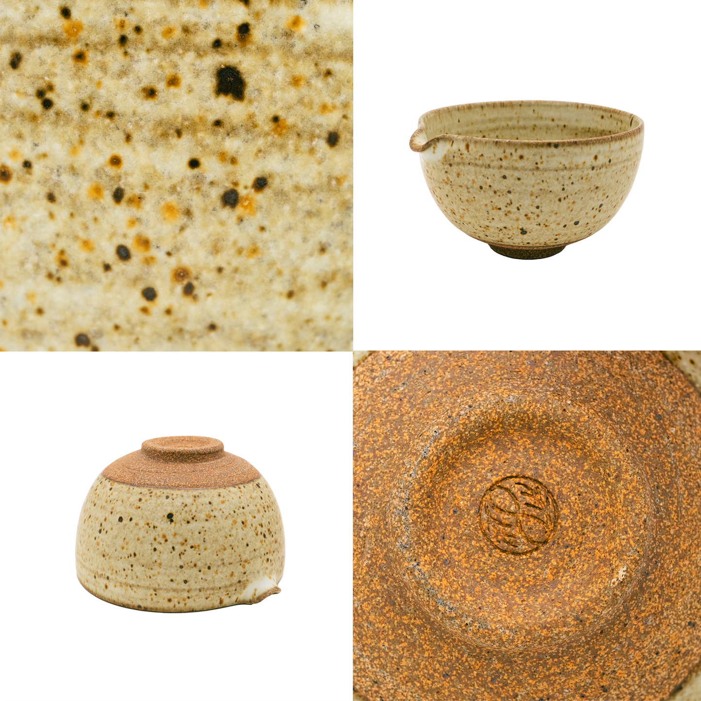 Four images of a Katakuchi Matcha Tea Bowl from Chafinity Tea: The top-left image features a close-up of its speckled glaze. The top-right image presents a side view highlighting its spout, which epitomizes Japanese hospitality. In the bottom-left, the bowl is shown upside down to focus on its base, while the bottom-right image offers a close-up of the maker's mark, showcasing Chafinity Tea's quality craftsmanship.