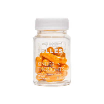 A clear bottle with a white cap contains orange capsules. The label on the bottle reads "Kinder Thoughts®" by THE FULLEST and "Protect your peace of mind. Saffron Supplement. 30 Capsules.