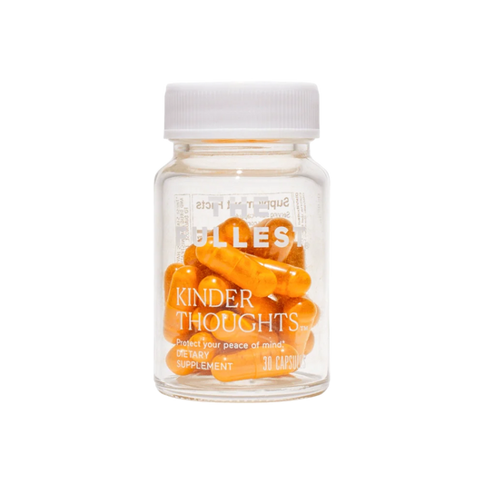 A clear bottle with a white cap contains orange capsules. The label on the bottle reads "Kinder Thoughts®" by THE FULLEST and "Protect your peace of mind. Saffron Supplement. 30 Capsules.