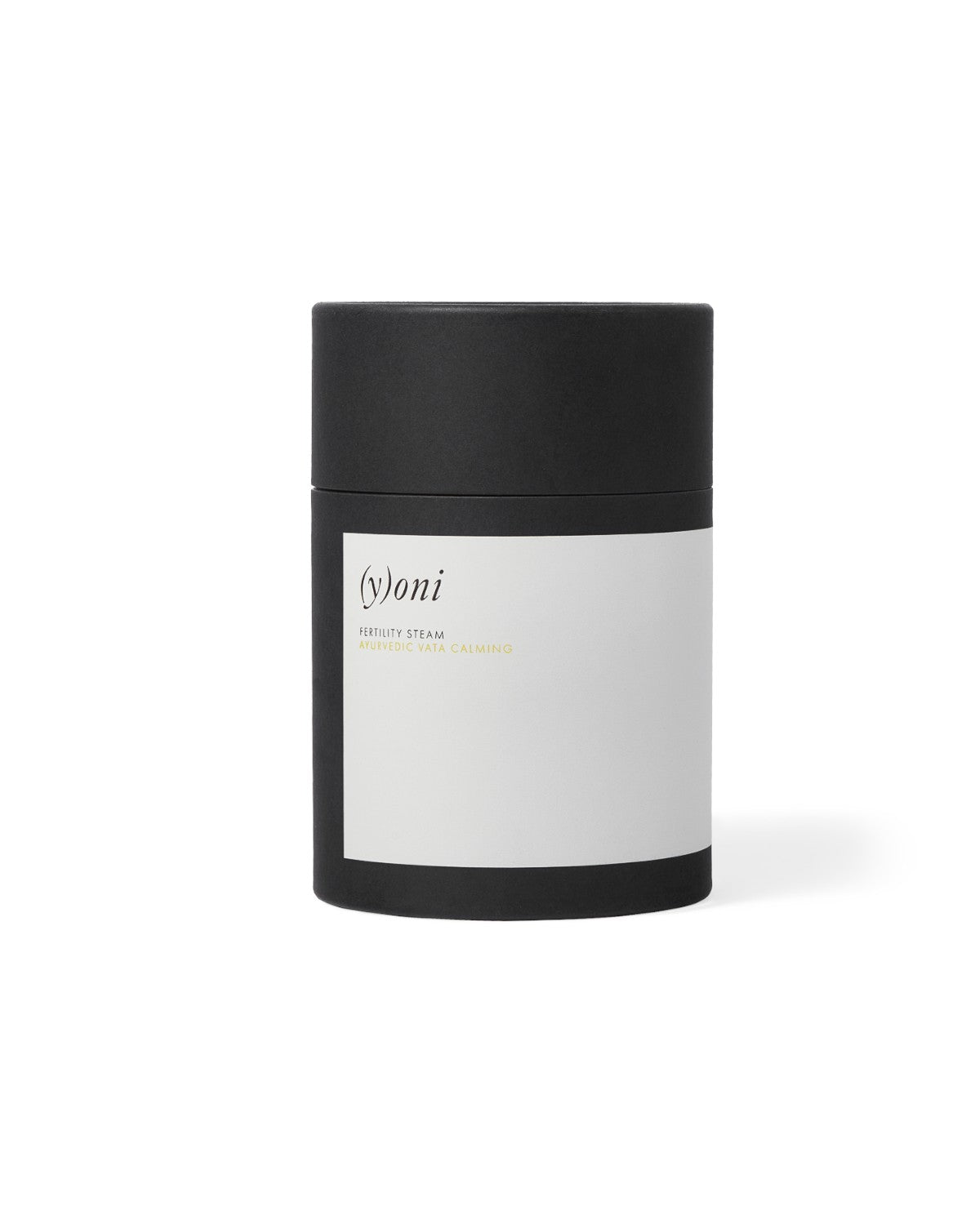 A sleek, cylindrical black container from Surya features a white label with the words "(y)oni Fertility Steam," highlighting its blend of Ayurvedic herbs designed to aid in pregnancy preparation. This minimalist design is elegantly displayed on a pristine white background.