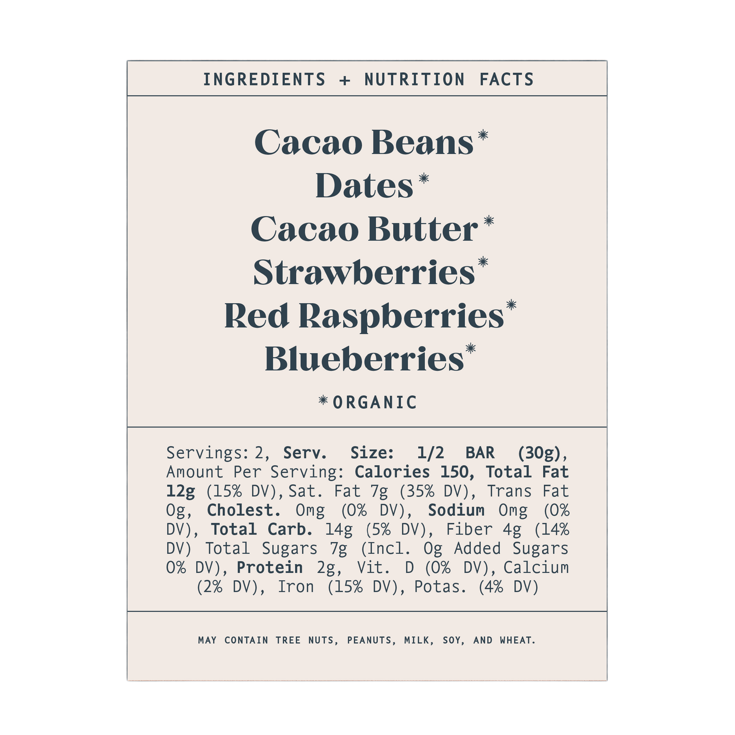 The nutrition label for Spring & Mulberry's Mixed Berry Date-Sweetened Chocolate reveals that it is made with organic cacao beans, date-sweetened cacao butter, strawberries, red raspberries, and blueberries. It also includes serving size information, calorie count, and percentage values for various nutrients.