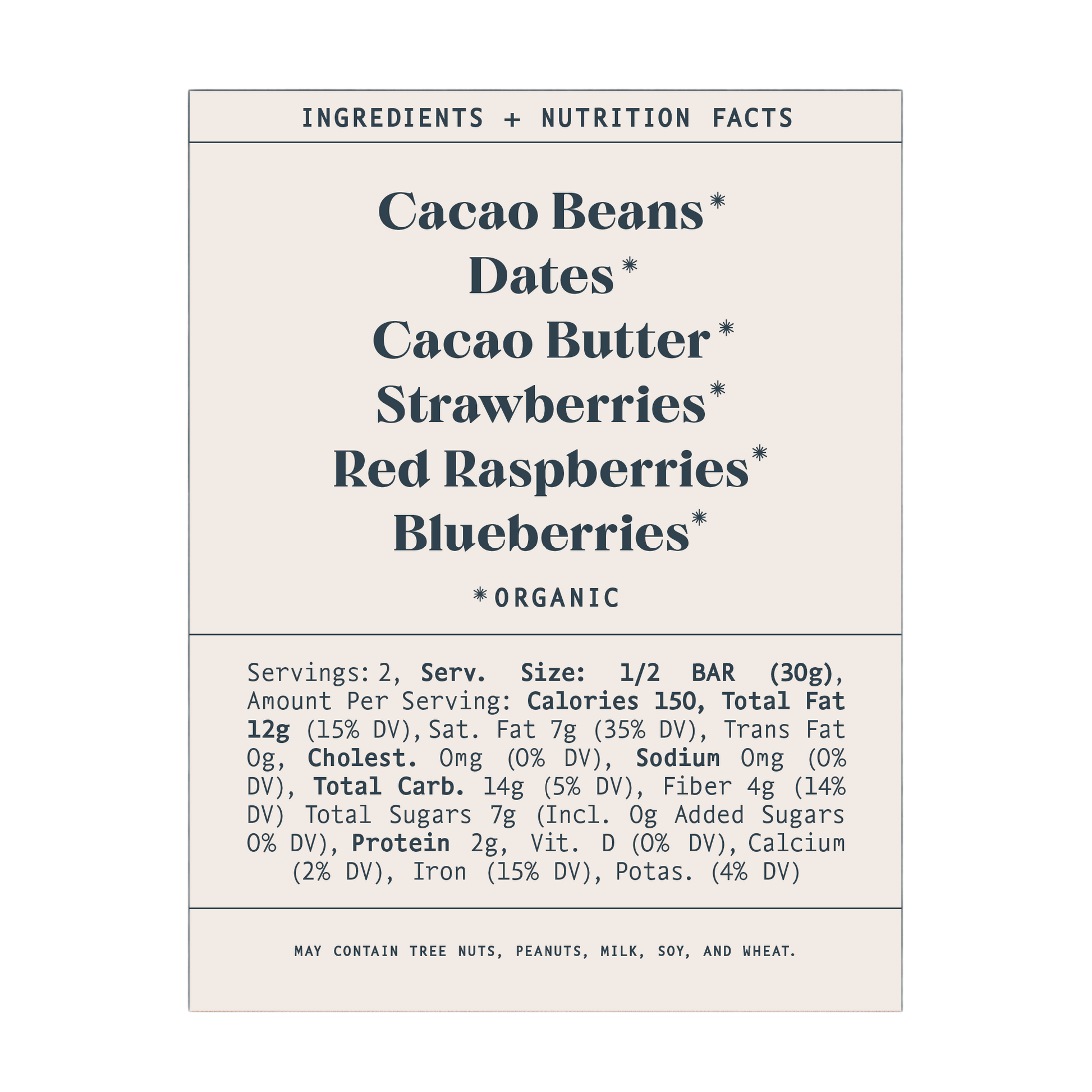 The nutrition label for Spring & Mulberry's Mixed Berry Date-Sweetened Chocolate reveals that it is made with organic cacao beans, date-sweetened cacao butter, strawberries, red raspberries, and blueberries. It also includes serving size information, calorie count, and percentage values for various nutrients.