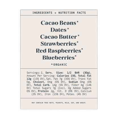 The nutrition label for Spring & Mulberry's Mixed Berry Date-Sweetened Chocolate reveals that it is made with organic cacao beans, date-sweetened cacao butter, strawberries, red raspberries, and blueberries. It also includes serving size information, calorie count, and percentage values for various nutrients.