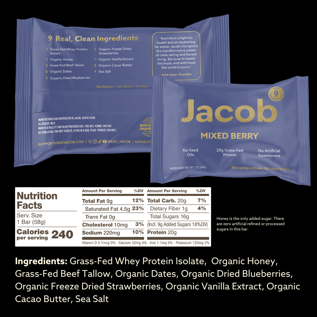 Here's an image of The Jacob Bar Mixed Berry protein bar wrapper. The blue wrapper with white text highlights the ingredients, including Grass-Fed Whey Protein, nutritional facts, and claims of no seed oils and no artificial sweeteners. The bar contains 240 calories and features 9 real, clean ingredients.