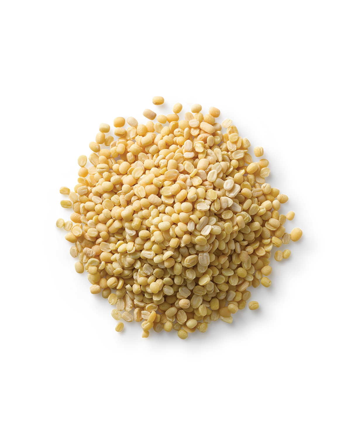 A close-up of a pile of Surya Mung Beans on a round, transparent plate against a white background. The high-protein mung beans are small, round, and uniformly colored, making them an easily digestible choice.