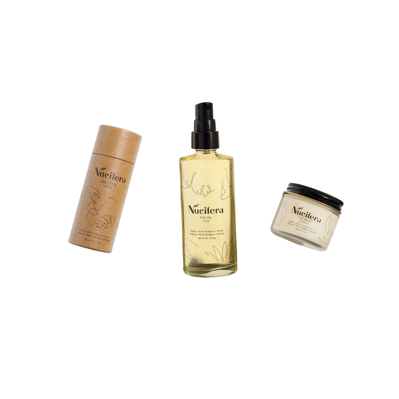 Three Nucifera Body Store items from The Essentials Kit against a black background: a cylindrical cardboard container, a clear pump bottle with yellow liquid, and a small glass jar with a black lid. Each product features minimalist botanical designs on the labels, representing versatile skincare.