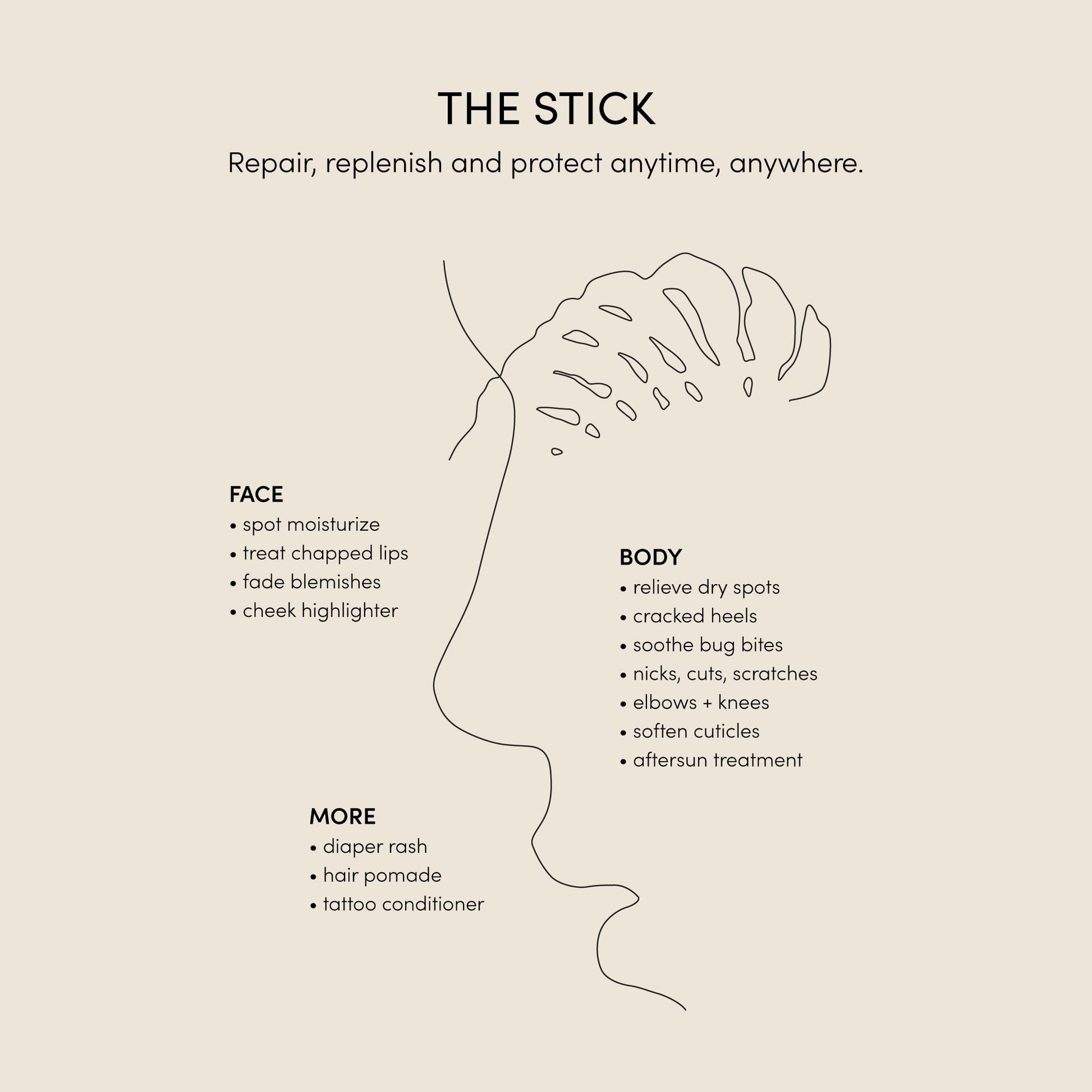 An advertisement for "The Stick," a vegan multi-purpose balm from Nucifera Body Store. The image features an abstract minimalist face illustration with text detailing its versatile uses: For face (spot moisturize, chapped lips, blemishes, highlighter), body (dry spots, heels, bug bites, nicks, cuticles), and more (diaper rash, hair pomade, tattoo conditioner), providing relief for various skin irritations.