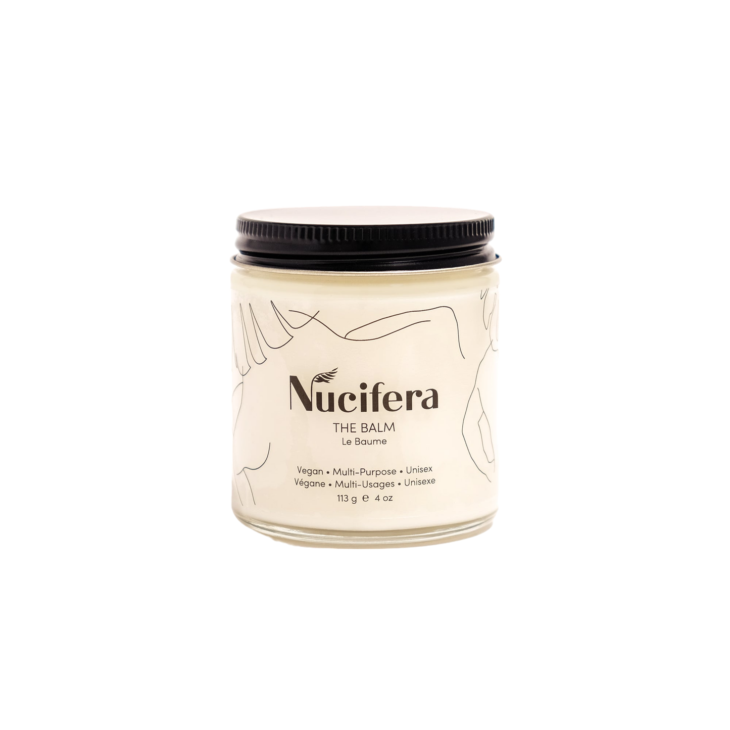 A jar of The Balm from Nucifera Body Store is shown against a white background. Designed to enhance skin tone and texture, this vegan and unisex product features a minimalist label with line art and a black lid. The container holds 113 grams (4 oz) of balm.