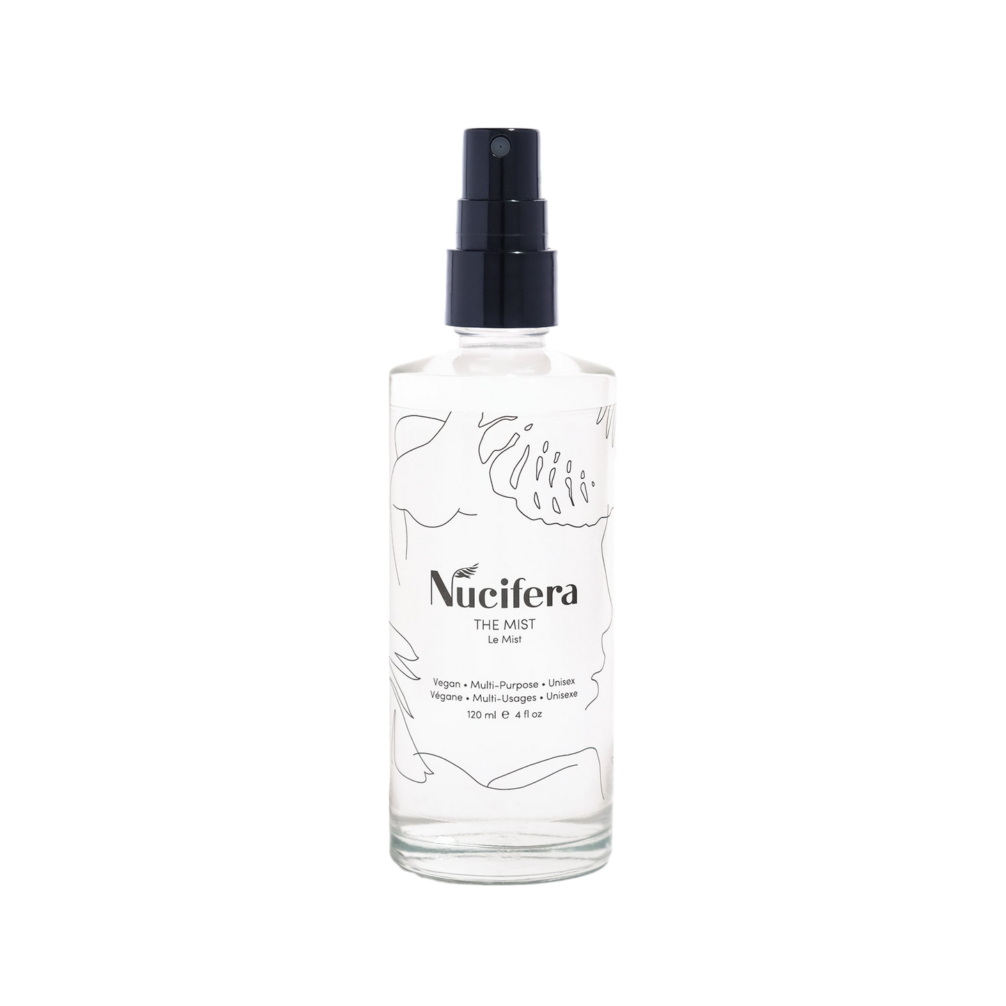 A bottle of Nucifera Body Store's The Mist. The clear bottle with a black spray nozzle is adorned with minimalist line illustrations of plants. The label highlights that it is a vegan, multi-purpose balm presented in a fine mist spray form, suitable for all genders, and contains 120 ml (4 oz).