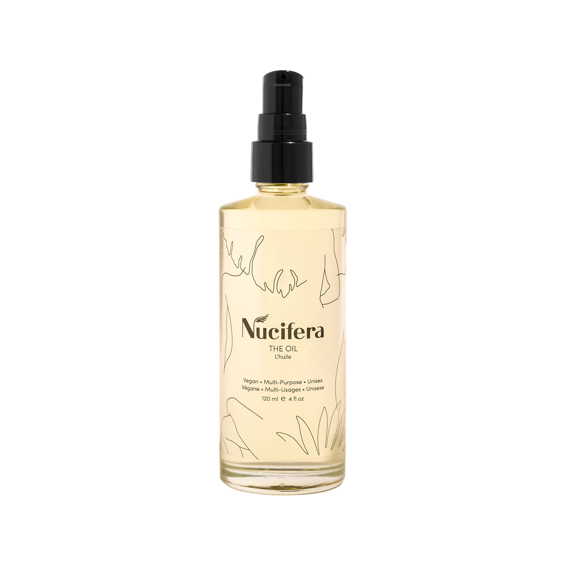 A clear bottle of Nucifera Body Store's The Oil, a multi-purpose vegan oil with a black pump top. The minimalist design features abstract line drawings and black text that reads "Nucifera The Oil." This 120 ml (4 fl oz) bottle promises to deliver a radiant glow.