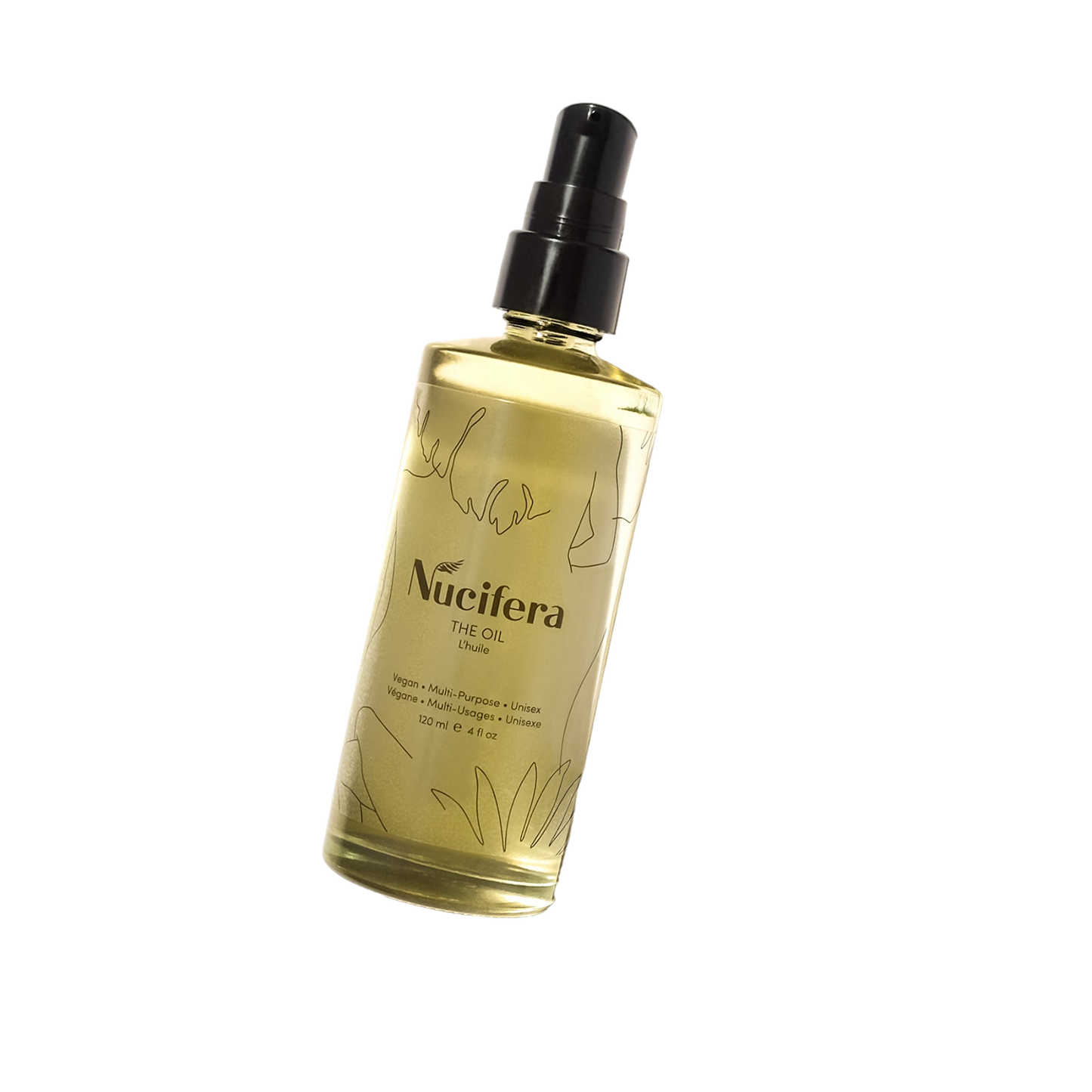 A spray bottle of The Oil from Nucifera Body Store against a black background. This 100ml bottle, part of The Essentials Kit, showcases a clear design adorned with natural, artistic line drawings and boasts a sleek black spray cap. This multi-purpose skincare essential effortlessly integrates into your routine while exuding elegance.