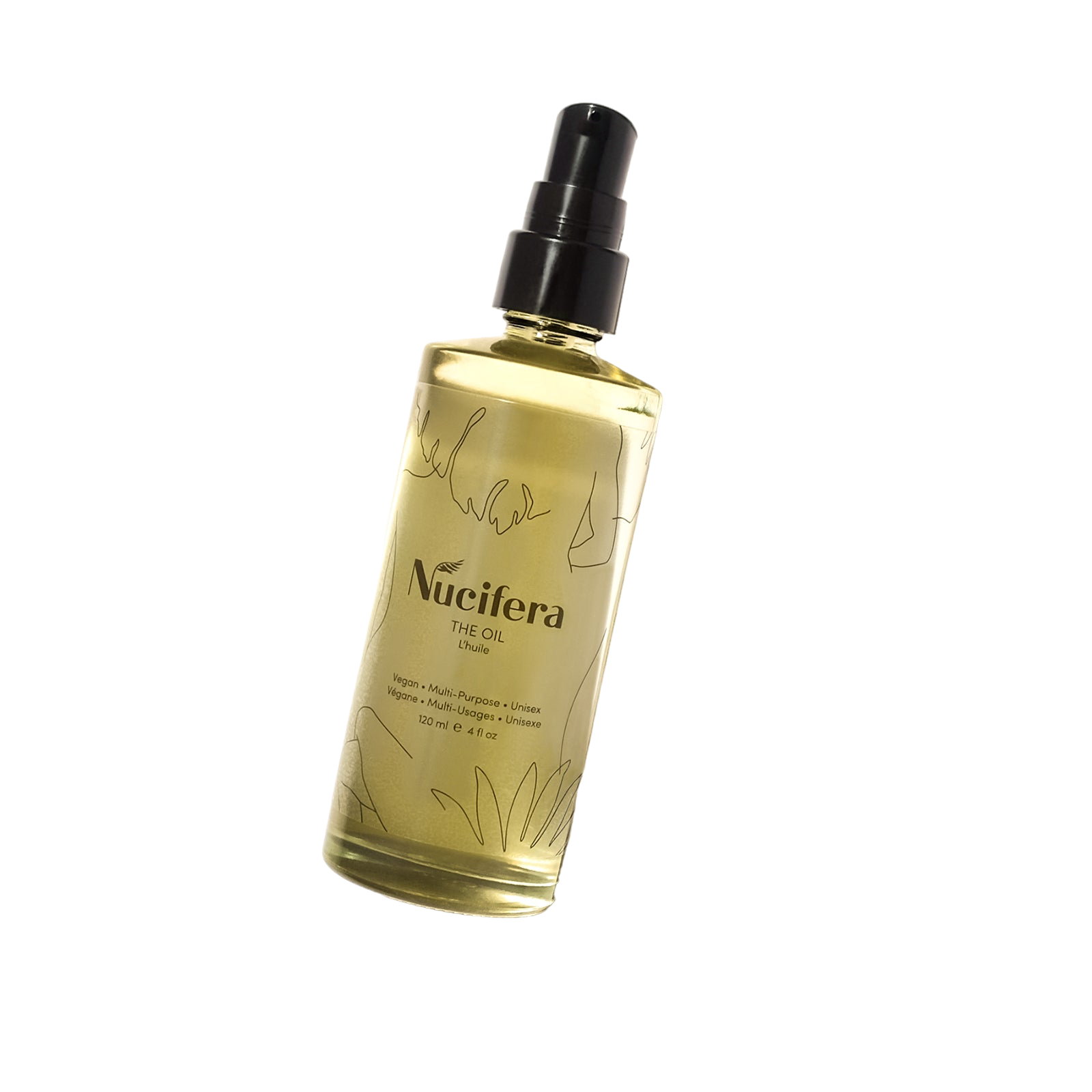 A spray bottle of The Oil from Nucifera Body Store against a black background. This 100ml bottle, part of The Essentials Kit, showcases a clear design adorned with natural, artistic line drawings and boasts a sleek black spray cap. This multi-purpose skincare essential effortlessly integrates into your routine while exuding elegance.