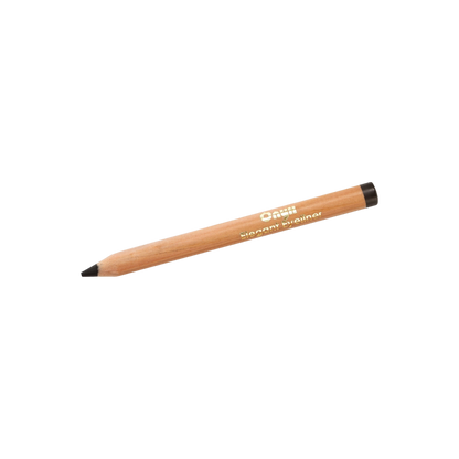 A short, stubby wooden cosmetic pencil with a black tip and the brand name "Living Libations" written in white along the beige body. The pencil's cap and tip are black, emphasizing its use as an eyeliner with a high-glide formula. The background is plain black. This is the Onyx Elegant Eyeliner.