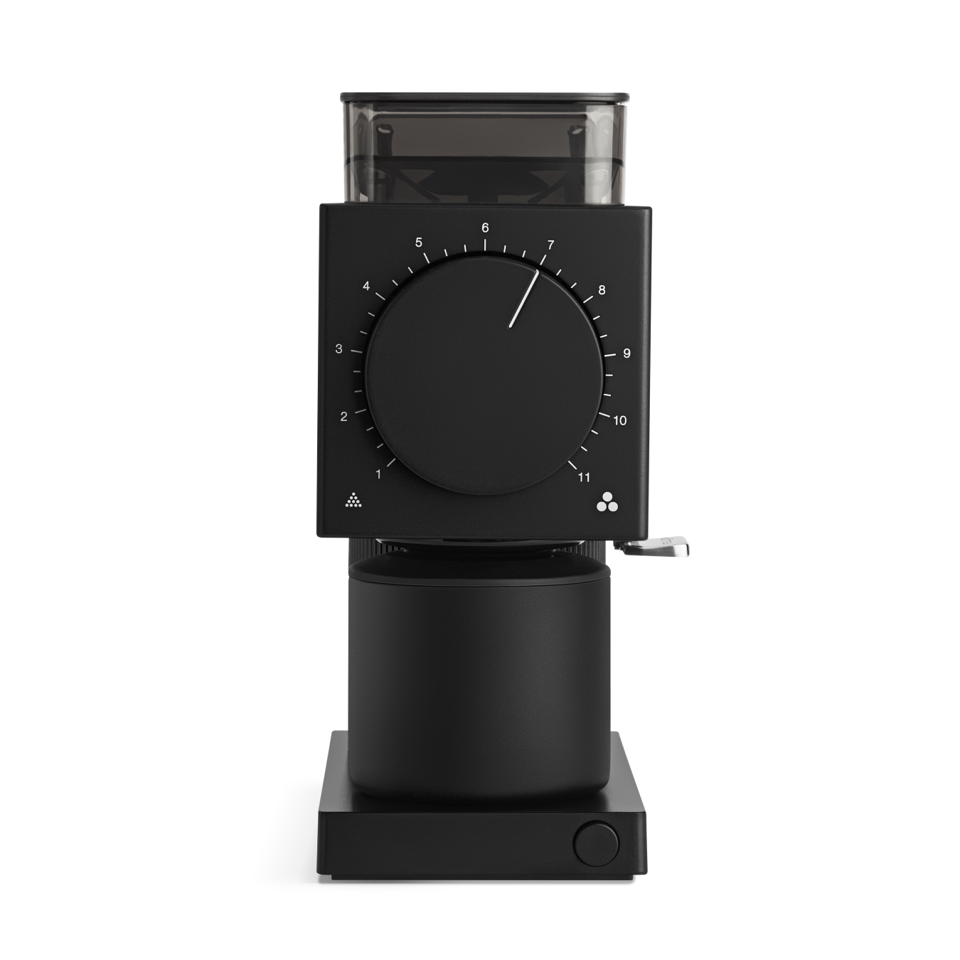 The Ode Brew Grinder by Fellow Wholesale is a modern black coffee grinder with a sleek cylindrical base and a rectangular top section featuring advanced anti-static technology. It offers 31 grind settings adjusted via a prominent circular dial numbered 1 through 11 and includes a convenient small lever on the side for additional adjustments. A transparent hopper at the top elegantly displays the beans inside.