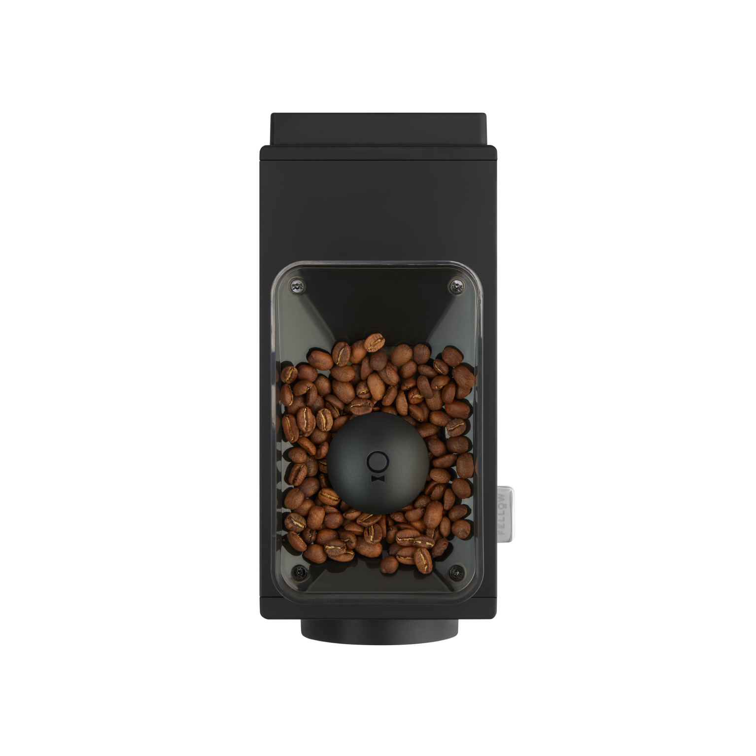 A top view of the Fellow Wholesale Ode Brew Grinder filled with coffee beans. The transparent hopper shows the beans clearly, and a small dial on the front indicates its 31 grind settings. The Gen 2 Brew Burrs and anti-static technology enhance its simple yet modern design.