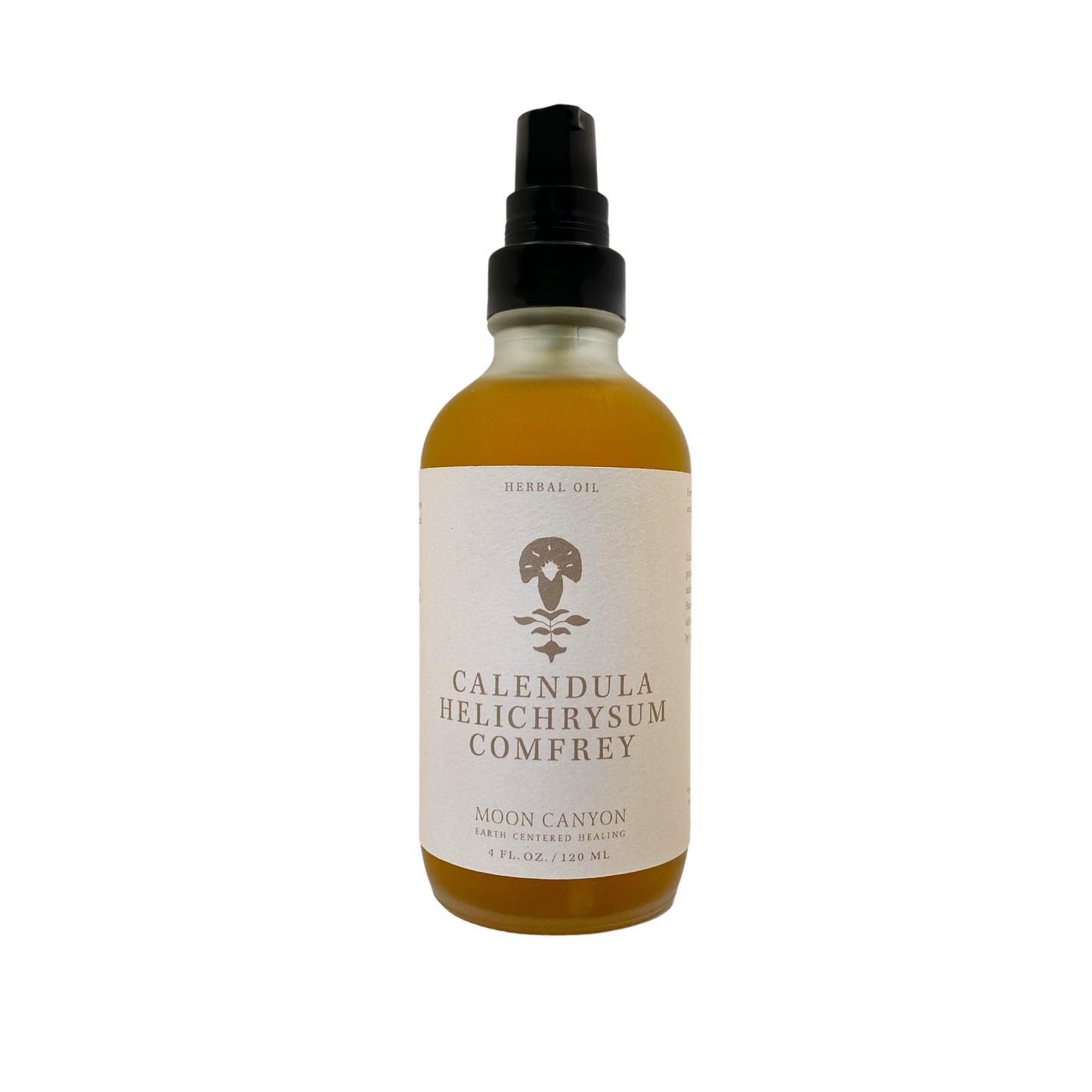 A 4 fl oz (120 ml) bottle of "Calendula, Helichrysum & Comfrey Herbal Oil" from Moon Canyon Healing. The bottle is equipped with a pump dispenser and features a beige label with minimalist design elements set against a black background.