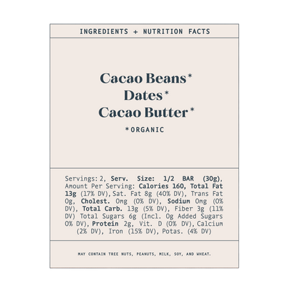 The nutrition label for Spring & Mulberry's Pure Dark Date-Sweetened Chocolate features organic ingredients, including cacao beans, dates, and cacao butter. Each serving size is half a bar (30g) and contains 160 calories. The label provides details on fats, cholesterol, sodium, carbs, fiber, sugars, protein, and vitamins. It may also contain tree nuts, peanuts, milk, soy, and wheat.