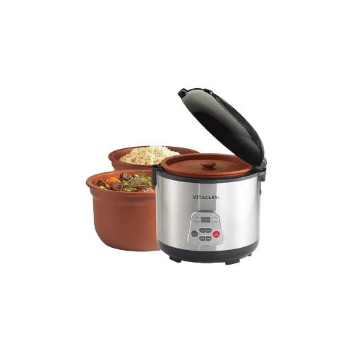 A VITACLAY 4-IN-1 ORGANIC RICE N' SLOW COOKER IN CLAY POT VF7700 by VitaClay® Chef is shown with its lid open, positioned next to two purple clay crocks. One pot contains cooked rice, while the other holds a mixed vegetable dish. The organic rice and slow cooker features a control panel with buttons and a digital display.