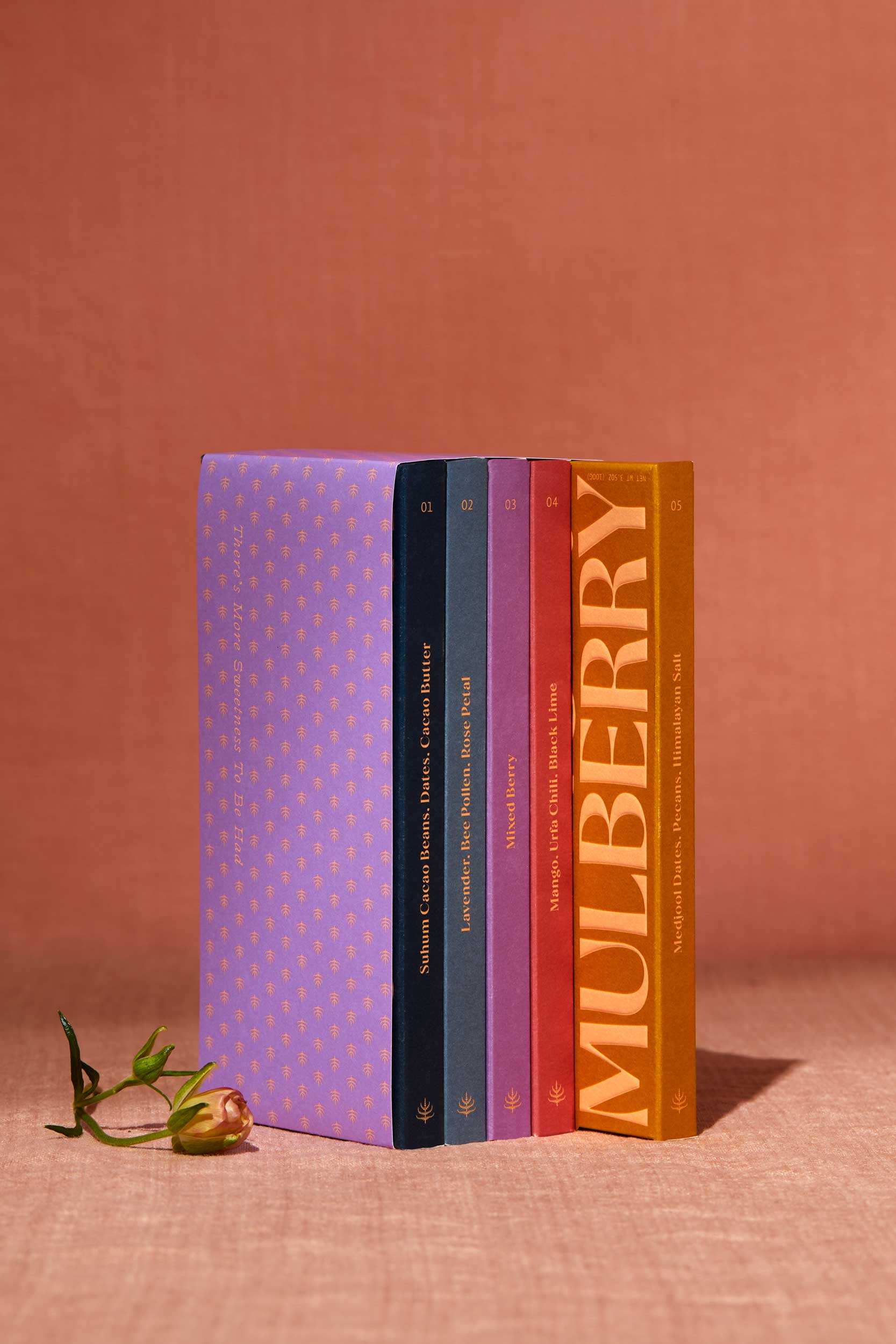 A set of five colorful, neatly lined books with covers in shades of lilac, blue, green, red, and orange against a pink background. Each book is labeled with a different title. To the left of the books is a small flower with a green stem and an inviting box of healthy chocolate treats from Spring & Mulberry's Discovery Collection.