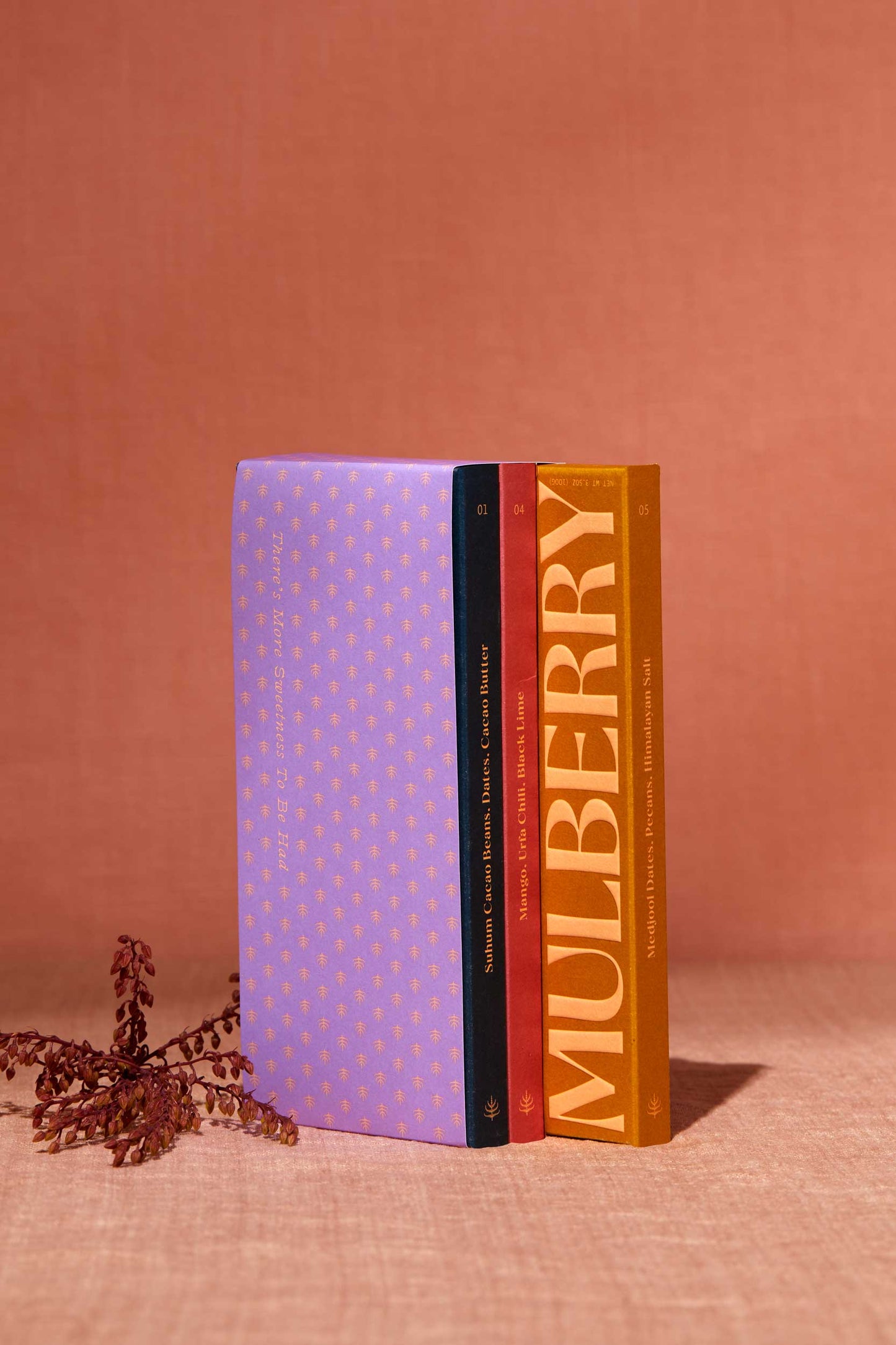 Three books from the Spring & Mulberry's Spice Market Collection stand upright against a soft peach-colored background. The leftmost book features a light purple cover adorned with gold patterns, while the middle book boasts a dark red design with gold text. The rightmost book is orange with bold white text reading "MULBERRY." Decorative foliage lies in front, adding a naturally sweet touch.