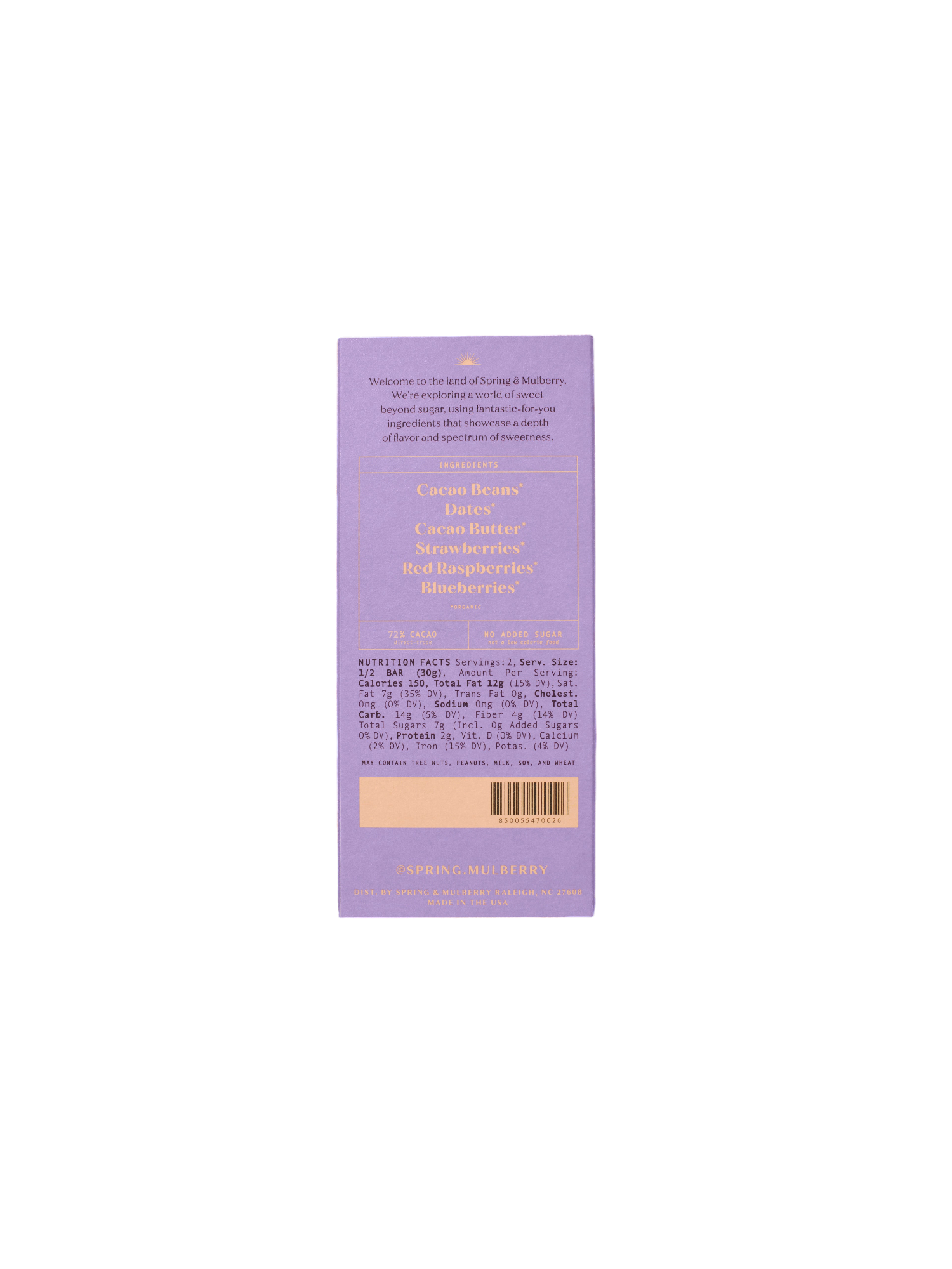 An image of the back of a purple chocolate bar packaging showcases "Spring & Mulberry" branding. The text highlights ingredients like cacao beans, raw honey, and organic elements such as various berries. It's the Mixed Berry Date-Sweetened Chocolate with detailed nutritional information and serving size.