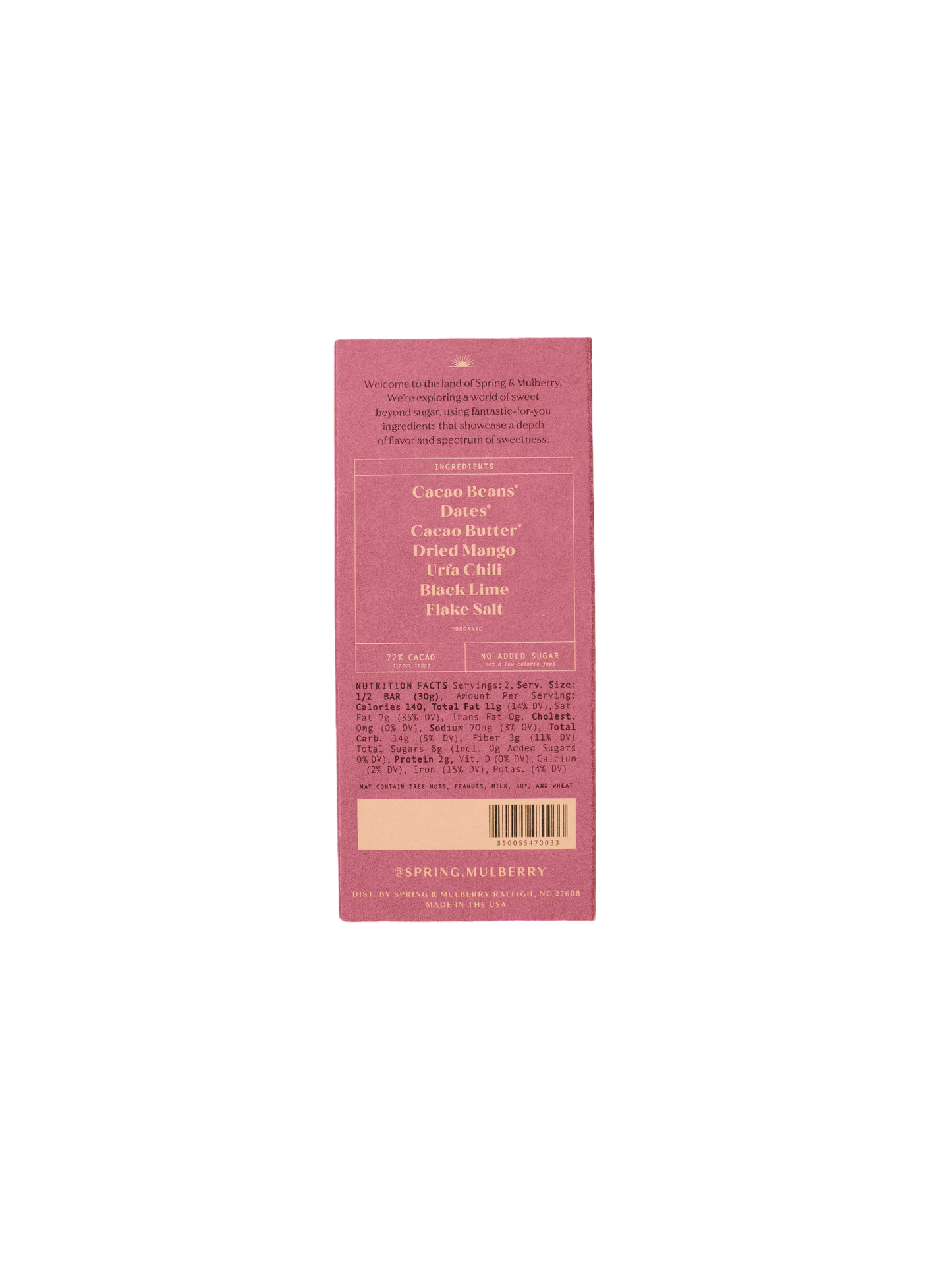 A pink wrapper for the Mango Chili Date-Sweetened Chocolate bar, showcasing its organic ingredients such as cacao beans, cacao butter, date-sweetened dried mango, pink salt, black lime, and flake salt. 