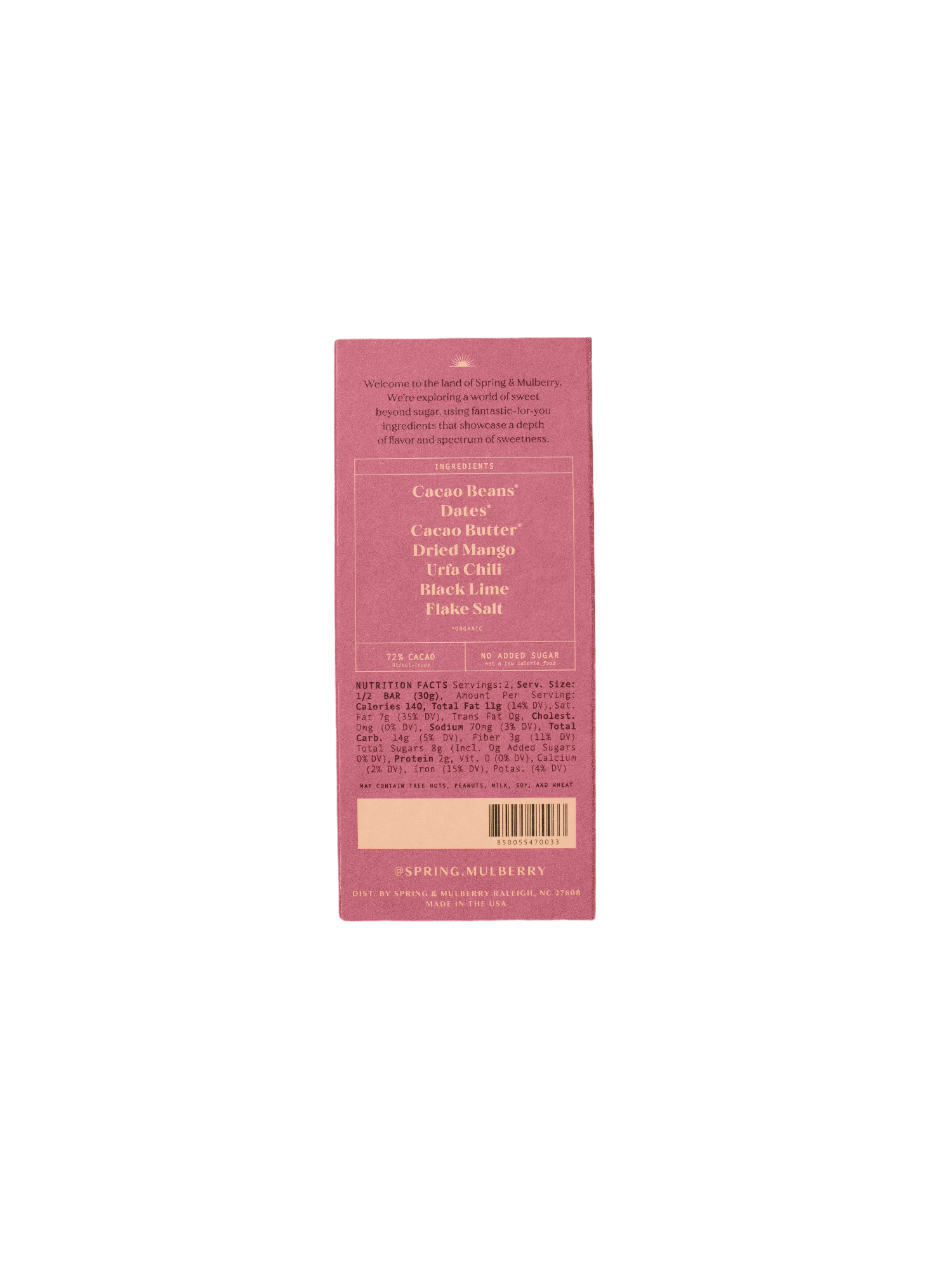 A pink wrapper for the Mango Chili Date-Sweetened Chocolate bar, showcasing its organic ingredients such as cacao beans, cacao butter, date-sweetened dried mango, pink salt, black lime, and flake salt. 