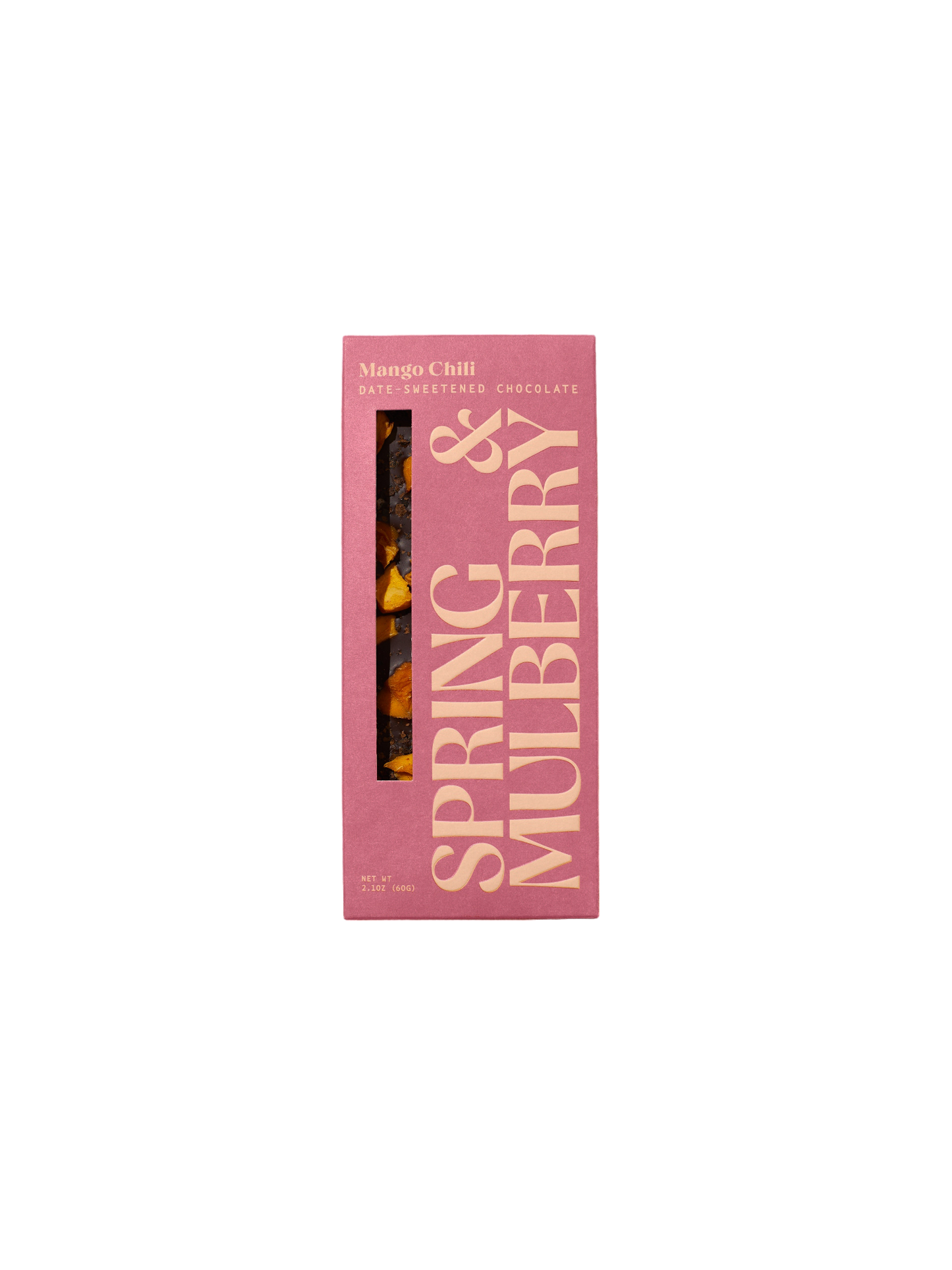 A pink rectangular box of "Spring & Mulberry" Mango Chili Date-Sweetened Chocolate features a vertical window on the front, showcasing the chocolate inside. Beige text at the top reads "Mango Chili," while "Spring & Mulberry" is displayed along the side, emphasizing its organic ingredients.