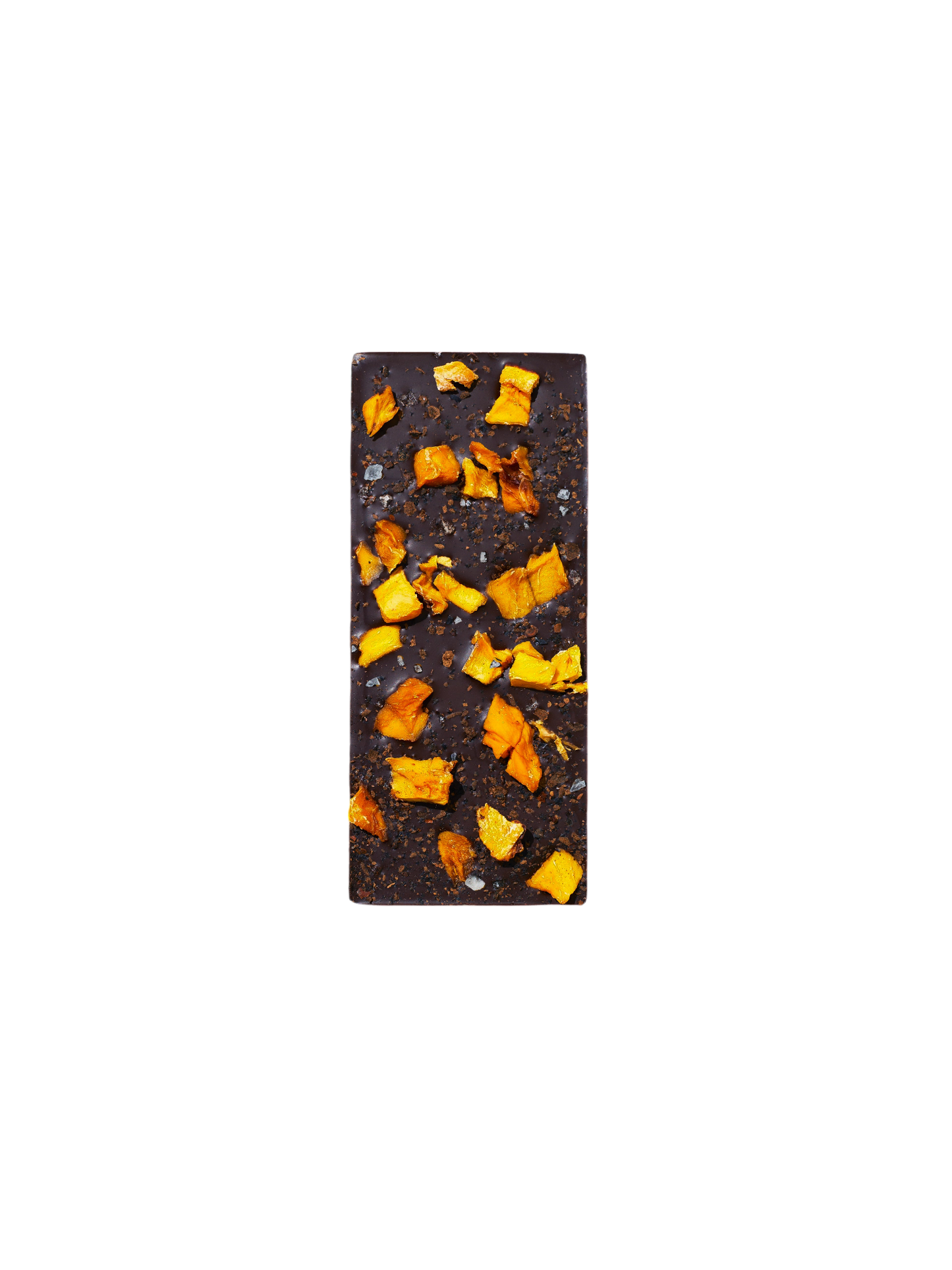 A rectangular bar of Spring & Mulberry Mango Chili Date-Sweetened Chocolate, topped with small pieces of dried orange peel and a sprinkle of sea salt, set against a neutral background.