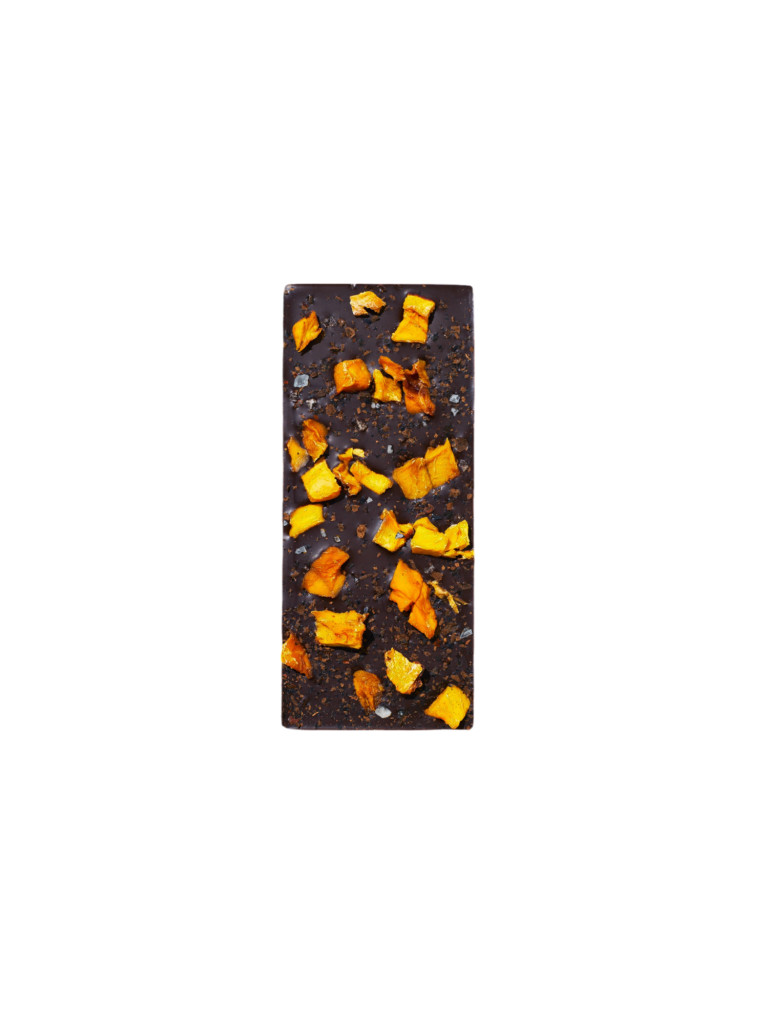 A rectangular bar of Spring & Mulberry Mango Chili Date-Sweetened Chocolate, topped with small pieces of dried orange peel and a sprinkle of sea salt, set against a neutral background.