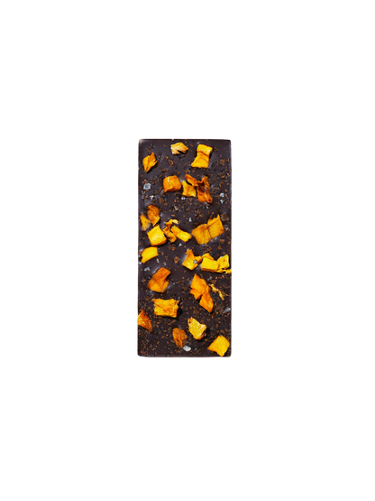 A rectangular bar of Spring & Mulberry Mango Chili Date-Sweetened Chocolate, topped with small pieces of dried orange peel and a sprinkle of sea salt, set against a neutral background.