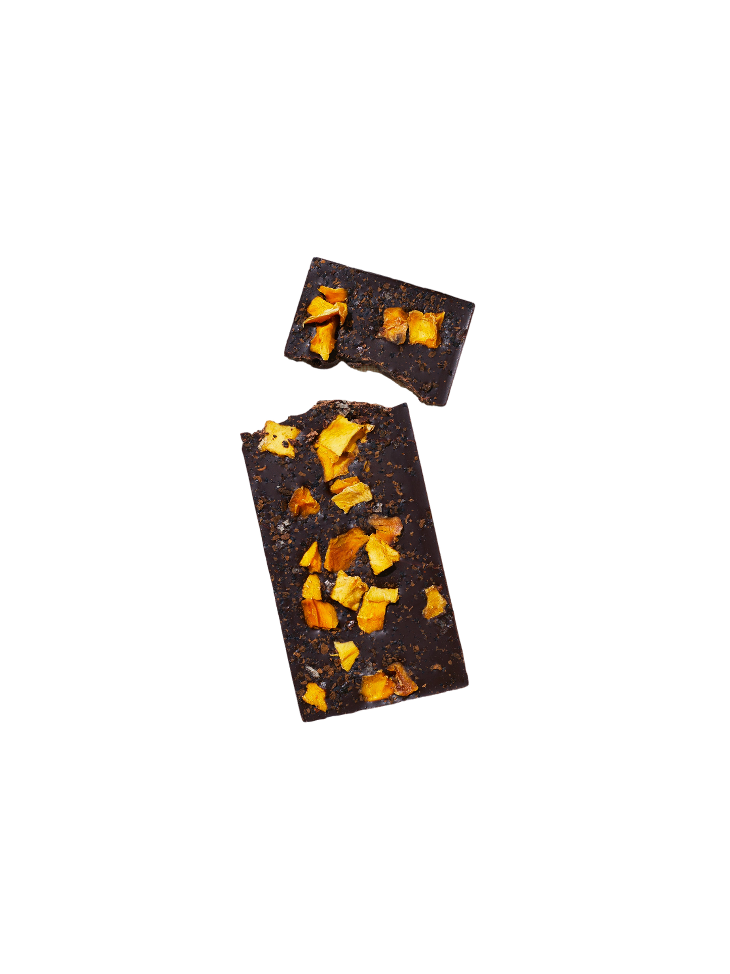 A Spring & Mulberry Mango Chili Date-Sweetened Chocolate bar with a piece broken off, showcasing visible chunks of dried fruit or nuts nestled in the dark chocolate, displayed against a neutral background. Crafted with organic ingredients.