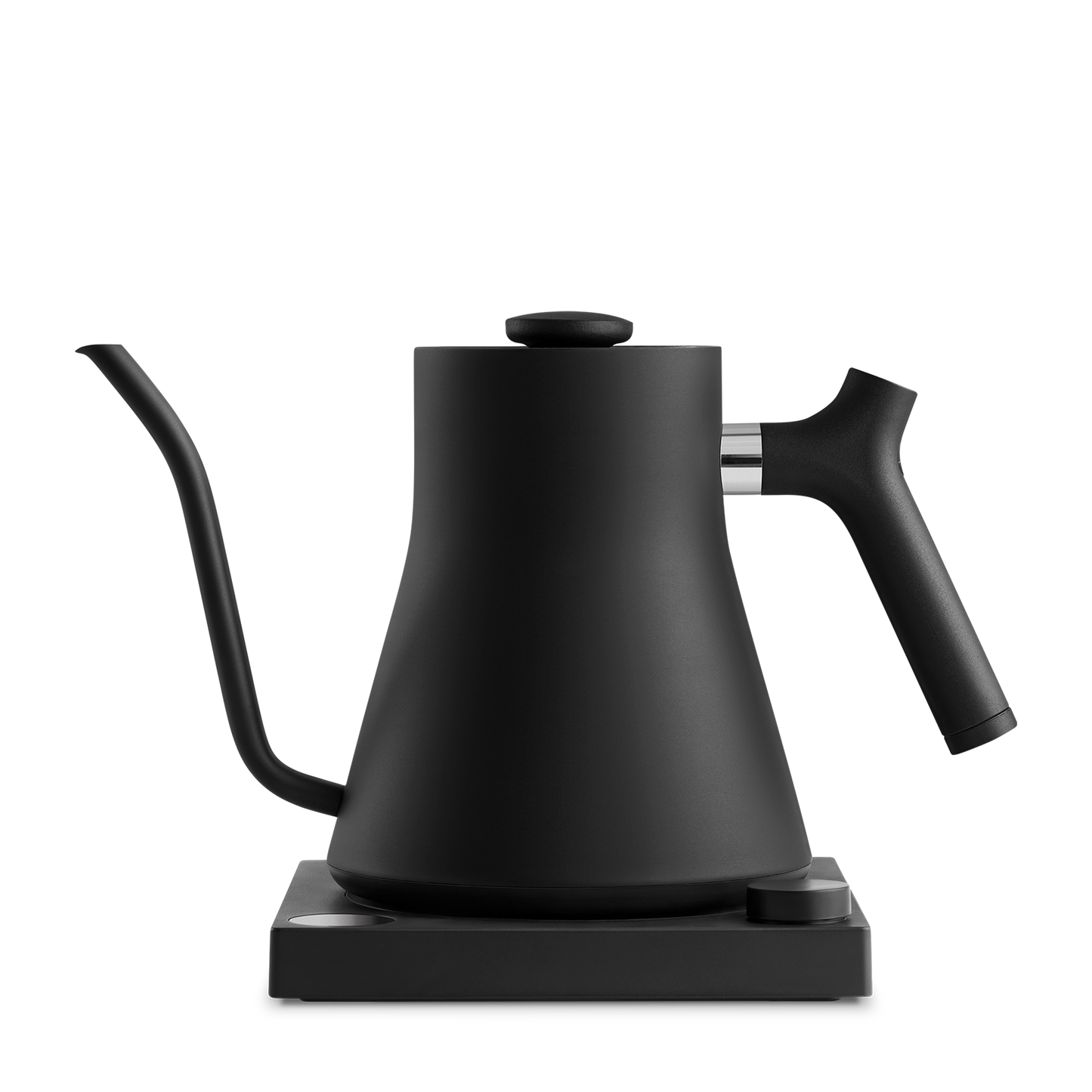 The Fellow Wholesale Stagg EKG Electric Kettle boasts a sleek, matte black finish and a modern design. It features a long, curved spout for precise pouring and a sturdy handle. With variable temperature control, the kettle sits on a flat, rectangular base. Its overall design is minimalist and stylish.