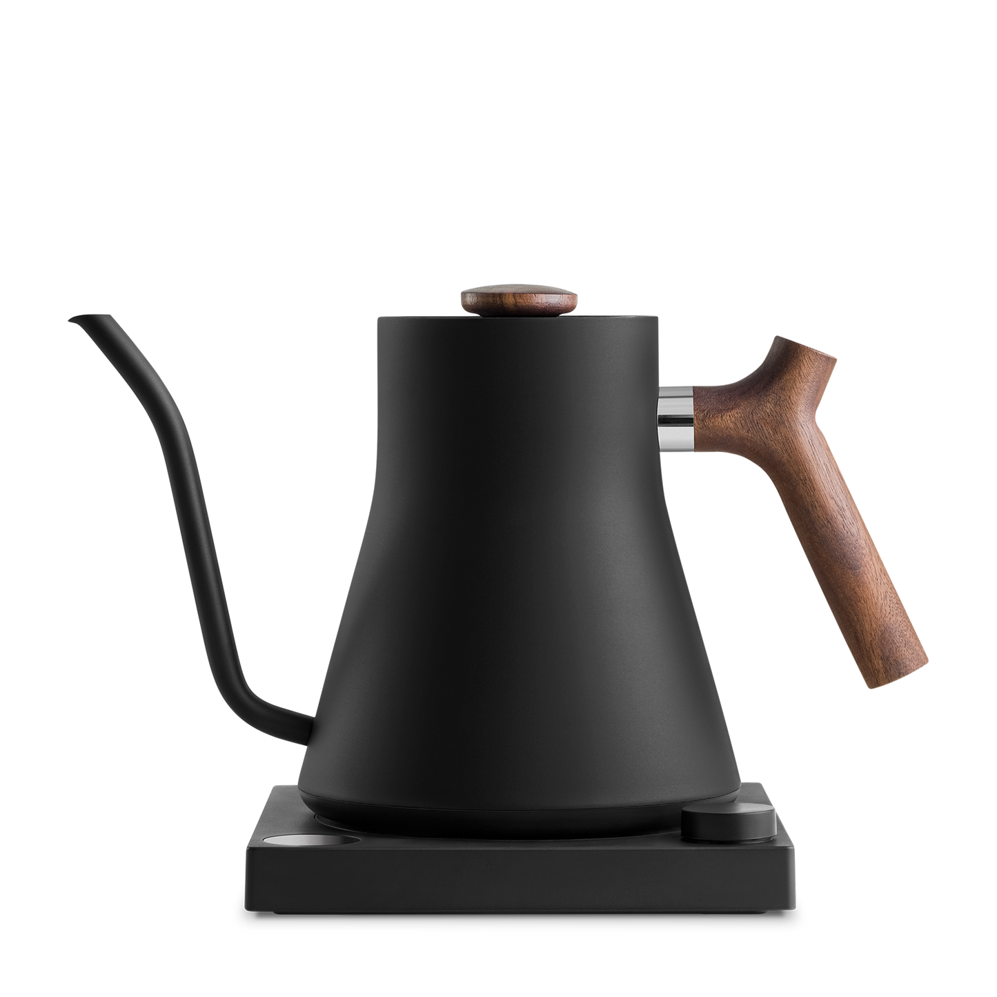 The Fellow Wholesale Stagg EKG Electric Kettle is a sleek, matte black appliance with a minimalist design. It features a precise gooseneck spout, a wooden handle, and a wooden knob on the lid. The kettle offers variable temperature control and sits on a black square base.