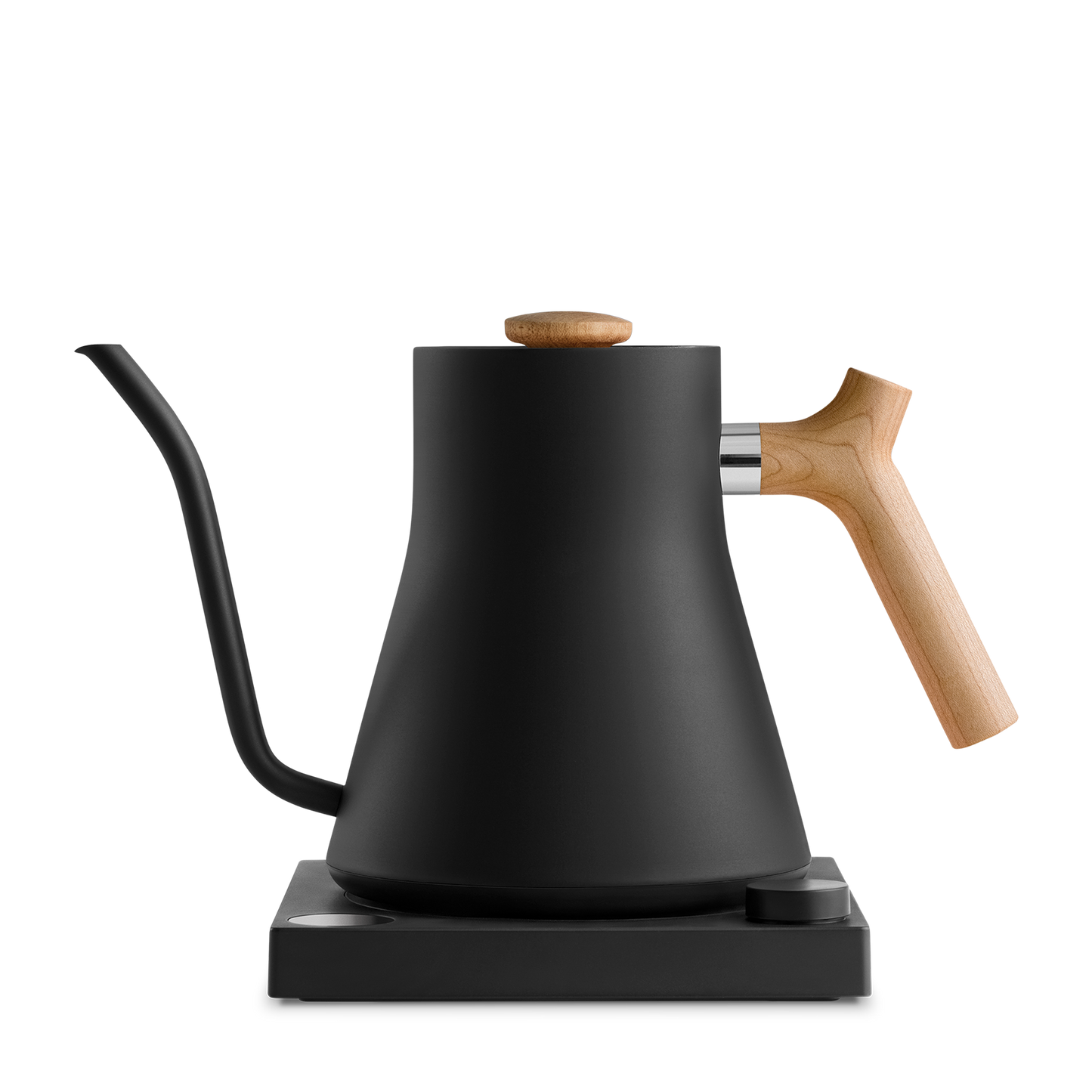 The Stagg EKG Electric Kettle from Fellow Wholesale features a sleek black finish, precise gooseneck spout, wooden handle, and wooden lid knob. Its minimalist design is enhanced by variable temperature control, and it sits elegantly on a black base.