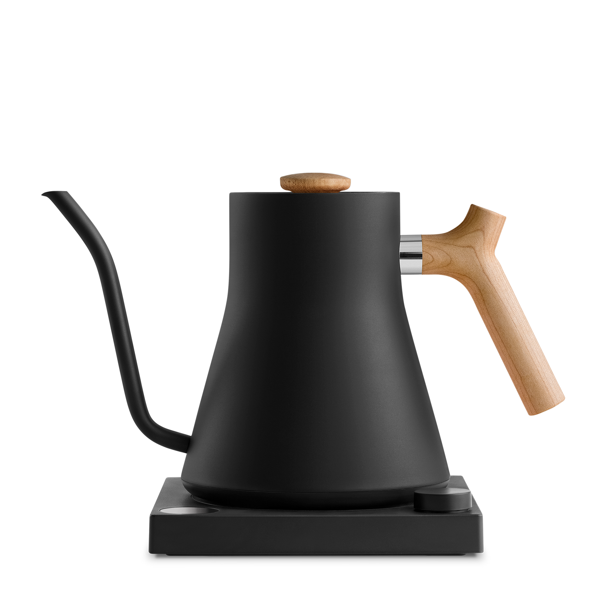 The Stagg EKG Electric Kettle from Fellow Wholesale features a sleek black finish, precise gooseneck spout, wooden handle, and wooden lid knob. Its minimalist design is enhanced by variable temperature control, and it sits elegantly on a black base.