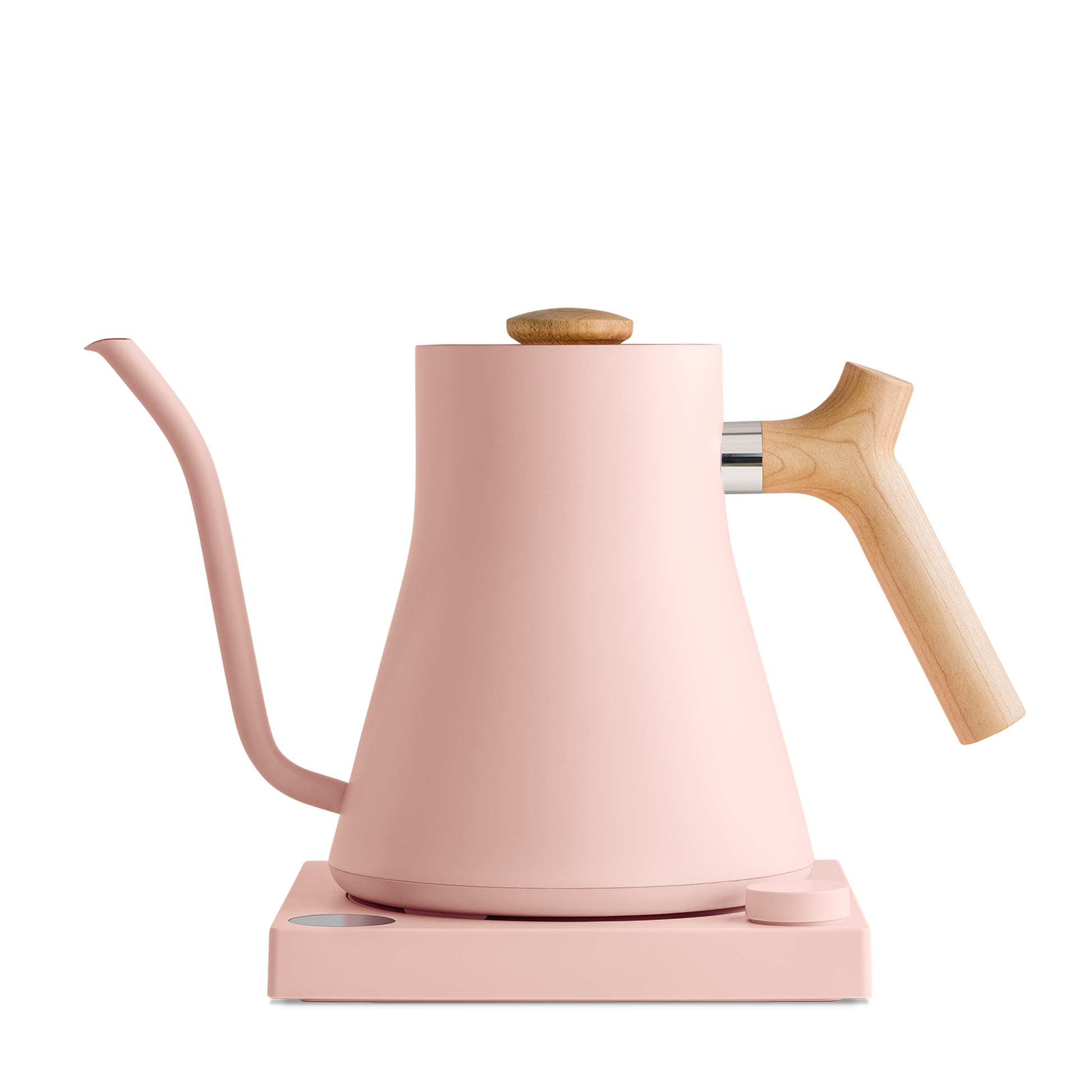 Introducing the Stagg EKG Electric Kettle by Fellow Wholesale: a sleek, modern pour-over kettle featuring a matte pink finish and a wooden handle. This kettle boasts a precisely engineered gooseneck spout and rests on a matching pink base, ensuring perfect pouring every time.